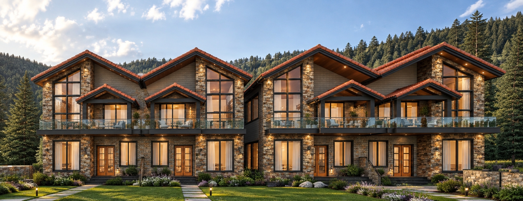 An incredibly lifelike, richly detailed, photorealistic eye-level exterior shot of a luxury mountain townhome complex set in a vibrant alpine valley. The scene is illuminated by the crisp, golden light of a summer midday sun, creating a warm, inviting atmosphere with soft, high-contrast shadows. Captured with a 35mm wide-angle lens, the image emphasizes the rich textures of the rustic, stacked-stone facade, the deep red terracotta-tiled sloped roofs, and the gleaming clarity of the oversized windows.

The townhome complex features a sophisticated modern-mountain aesthetic, where the structural geometry is softened by lush, manicured landscaping in the foreground, complete with native wildflowers and neatly trimmed grass. Each balcony is now enclosed with sleek, frameless glass railings that reflect the surrounding horizon, offering an unobstructed view of the dense, emerald-green pine forest covering the rolling hills in the background. Warm, ambient artificial lighting glows from within the interior spaces, highlighting elegant, floor-length linen curtains that drape gently behind the expansive glazing. Subtle, recessed architectural spotlights are tucked under the deep eaves, casting refined pools of light against the stone masonry, further enhancing the sense of a high-end, comfortable mountain retreat.