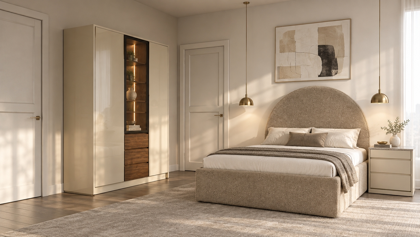 An incredibly lifelike, richly detailed, photorealistic interior shot of a contemporary primary bedroom set in an airy, high-rise urban apartment. The scene is illuminated by soft, diffused morning light filtering through sheer curtains, creating a serene and sophisticated atmosphere. Captured with a 35mm lens, emphasizing the fine textures of the sand-toned boucle upholstery on the arched headboard and the smooth, reflective finish of the champagne-colored cabinetry.

The bedroom exudes a refined, clean-lined elegance defined by a palette of warm white, pearl, and muted gray tones. The wardrobe acts as a centerpiece, featuring slim matte-black metal framing and a central glass display insert that glows with warm, integrated LED strip lighting, showcasing a touch of organic walnut shelving within. A pair of tailored, low-profile nightstands rests beside the grand bed, their polished stone tops catching the morning light. The composition is perfectly balanced, with abstract, minimalist wall art subtly anchoring the space above the bed, while sculptural, brushed-brass pendant lighting adds a final layer of curated luxury to this tranquil sanctuary.
