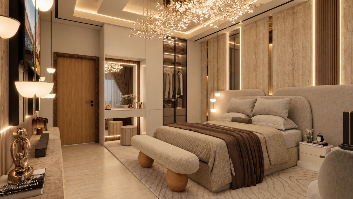 A professional architectural photograph of the bedroom capturing balanced, warm ambient lighting at a cozy 3000K color temperature, completely free of direct sunrays or overblown highlights. The delicate ceiling fixture and concealed LED cove lights cast a soft, diffused glow across the rich palette of beige fabrics, boucle upholstery, and warm travertine wall panels. Material micro-textures are sharply rendered, revealing the natural weave on the bed linens, soft matte finishes on the cabinetry, and gentle ambient reflections on the glass wardrobe and polished surfaces. Shot with an architectural tilt-shift lens, the image features balanced fill lighting, faint photographic vignetting, and subtle sensor grain for authentic photorealism.
