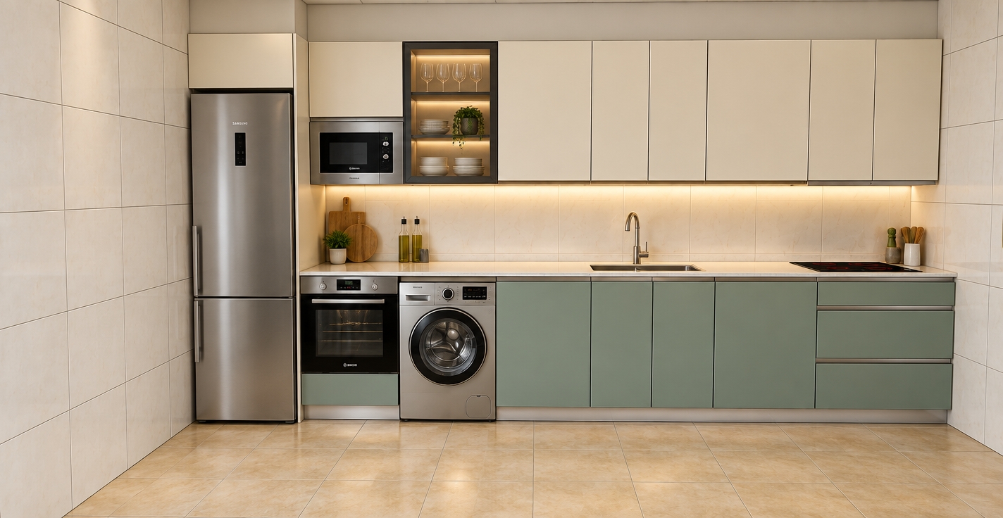 Crisp architectural photograph maintaining the exact layout, geometry, and materials with true photorealism. The brushed stainless steel appliances, matte sage-green lower cabinets, and cream upper cabinets display realistic textures and subtle surface reflections. Warm under-cabinet LED strip lighting softly illuminates the white countertop and tiled backsplash, while integrated warm LED lights glow from inside the glass display cabinet. Soft, balanced ambient interior lighting complements the LED accents, rendering natural finishes across the polished surfaces, ceramic floor tiles, and fixtures with realistic depth and clean photographic focus.
