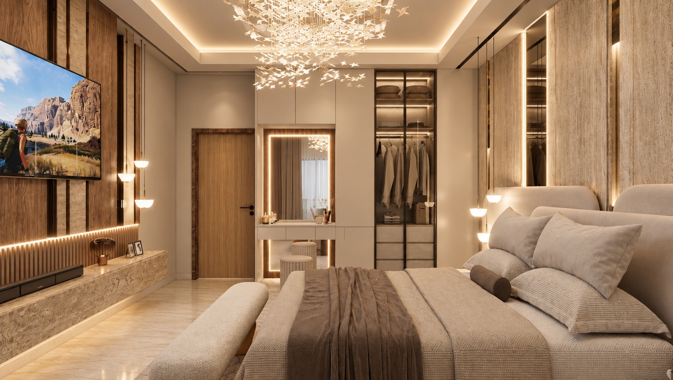 A photorealistic interior photograph of the bedroom captured with an architectural wide-angle lens, featuring a warm beige color palette and balanced, diffused ambient illumination. All existing geometry, furniture placement, and materials remain intact, softly illuminated by warm 3000K indirect cove lighting, glowing hanging pendants, and the vanity mirror, with no harsh sunbeams or blown-out highlights. Natural surface micro-textures are rendered with physical precision, including tactile fabric weaves on the beige bedding, soft matte wood grain along the feature wall and door, and gentle reflections across the closet glass and flooring. The exposure is evenly managed throughout the room with gentle edge falloff and subtle photographic grain to eliminate any synthetic appearance.