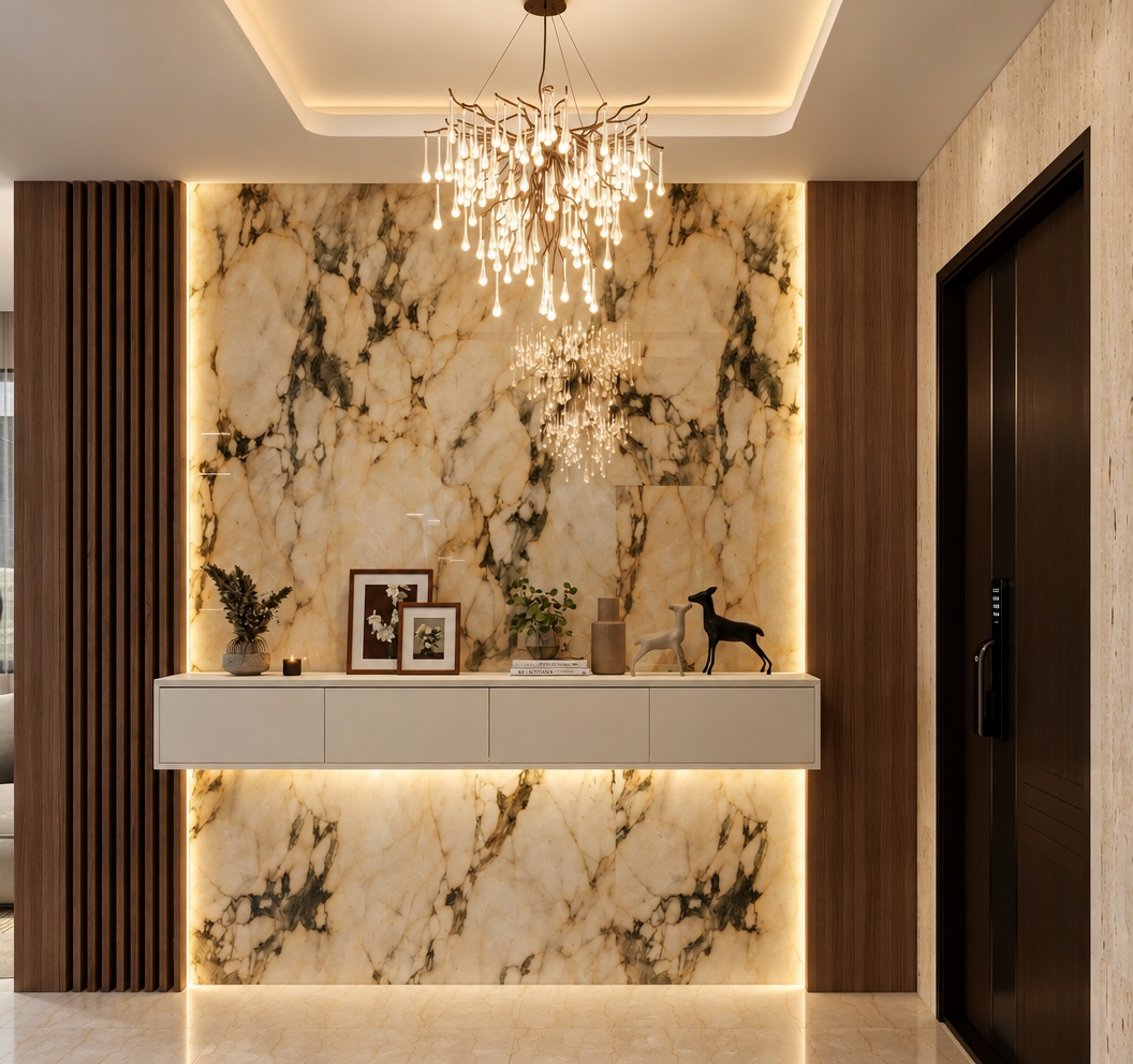 A balanced, professional architectural photograph of the entryway console and backlit stone accent wall, rendered with soft, warm ambient illumination and completely diffused indoor lighting without any harsh sunrays. The polished beige marble feature wall glows with an authentic internal translucence and rich natural veining, framed by the tactile matte textures of the vertical dark wood slats. The hanging crystal chandelier sparkles with realistic refractions, while concealed warm LED strips softly graze the wall edges and the underside of the floating console. Surfaces display natural micro-textures, subtle reflections on the lacquered cabinet, true-to-life shadows beneath the decorative objects, balanced exposure across the beige floor tiles, and a gentle 35mm lens rendering with subtle optical falloff and zero digital noise.