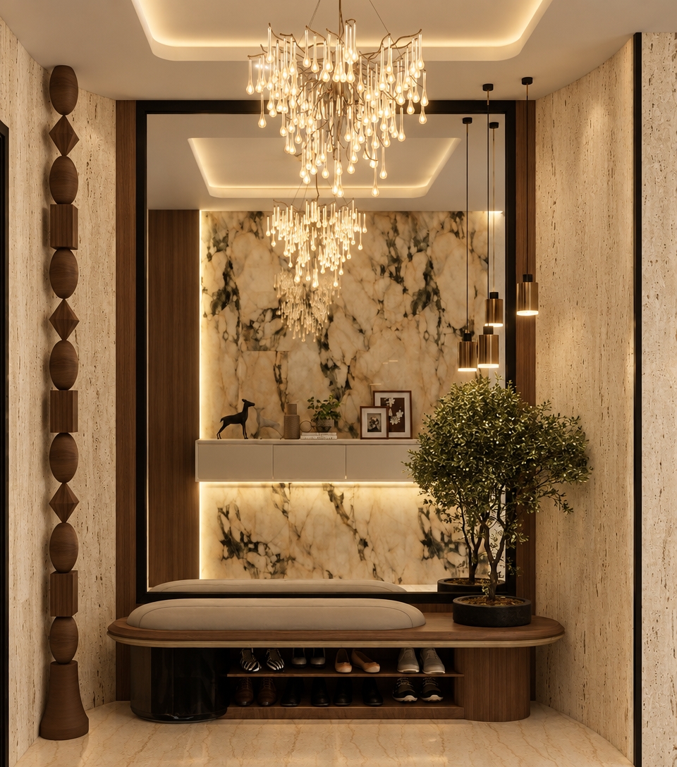 An architectural interior photograph of the entryway, precisely preserving the existing composition, geometry, and placement. The space is illuminated by a warm, balanced artificial lighting scheme with an inviting 2800K color temperature and entirely diffuse ambient light without direct sunbeams. Soft, warm light emanates from the crystal droplet chandelier, brass pendants, and concealed cove LEDs, casting a harmonious glow across the creamy beige travertine walls and polished marble reflection. Captured on a full-frame camera with a 35mm architectural lens, the image highlights authentic material physics: subtle micro-textures on the wooden totem and bench, realistic specularity on the glass drops, natural leather cushion creasing, soft shadows, and subtle film grain for photorealistic authenticity.