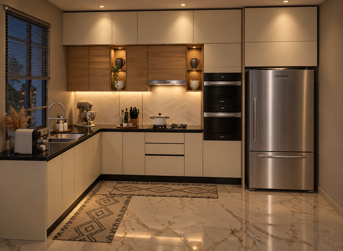 A crisp nighttime photograph of the modern kitchen in spring, preserving the exact geometry, layout, and composition of the space. The scene is illuminated by warm, dim interior under-cabinet lighting and ambient warm ceiling fixtures, contrasted by faint, cool twilight filtering through the window blind. The brushed stainless steel refrigerator and built-in ovens catch soft specular highlights, while the polished black countertop shows subtle, realistic reflections and micro-dust. The warm oak grain of the upper open shelving, creamy matte cabinet finishes, herringbone tile backsplash, and glossy marble flooring with woven rugs are rendered with natural tactile textures, captured through a 24mm architectural lens with gentle depth of field, subtle shadow falloff, and fine natural film grain.