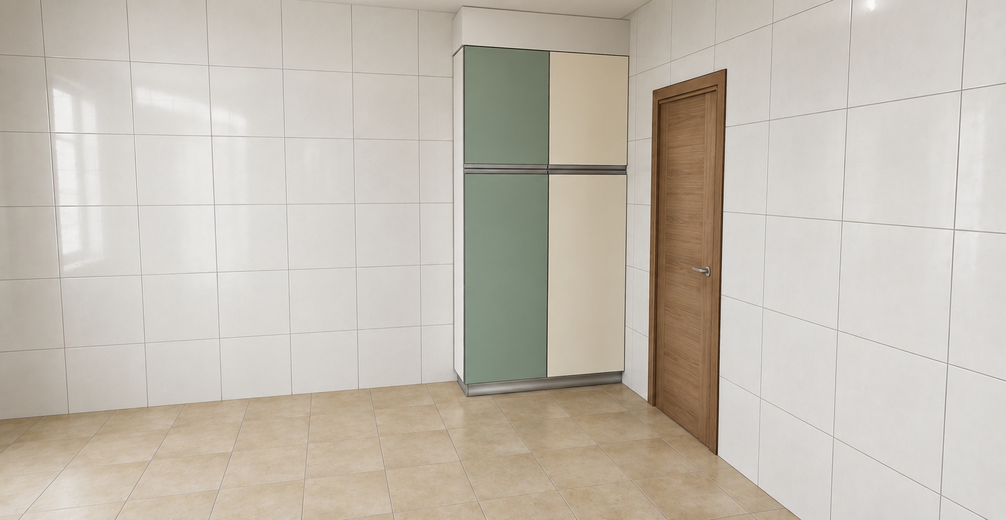 Photorealistic architectural photograph strictly preserving the exact geometry, composition, and materials of the scene. The white wall tiles feature a realistic semi-gloss ceramic glaze with finely recessed grout lines, paired with natural matte beige floor tiles. The tall corner cabinet shows smooth satin-finish panels in muted sage green and warm off-white, trimmed with brushed aluminum handles and plinth. The wooden door on the right displays authentic natural wood grain and a satin sheen. Captured with soft, balanced ambient lighting, gentle contact shadows, sharp focus across all surfaces, and faint natural camera grain.