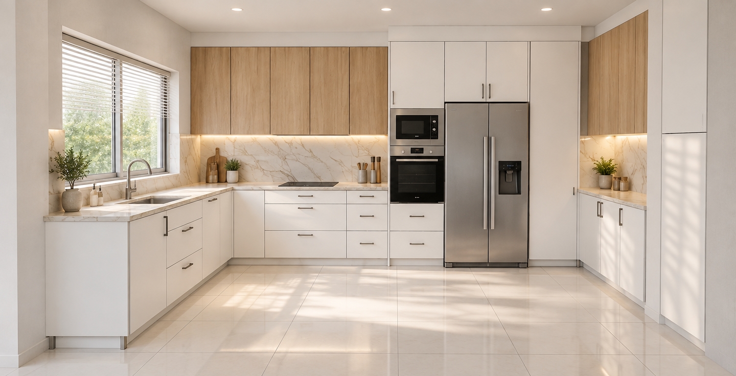 A clean, architectural interior photograph capturing the exact layout, geometry, and materials of the kitchen under realistic lighting. Soft daylight streams naturally through the left-hand window, complemented by subtle interior ceiling illumination and warm LED strip lighting glowing from underneath the upper cabinetry onto the polished marble countertops and matching veined backsplash. The natural light wood grain of the upper cabinets, smooth matte white finish of the lower drawers, brushed stainless steel of the refrigerator and integrated ovens, and glossy white floor tiles all exhibit physically accurate textures and gentle, true-to-life reflections. Captured on a sharp architectural lens with balanced exposure, natural shadows, and realistic depth of field.