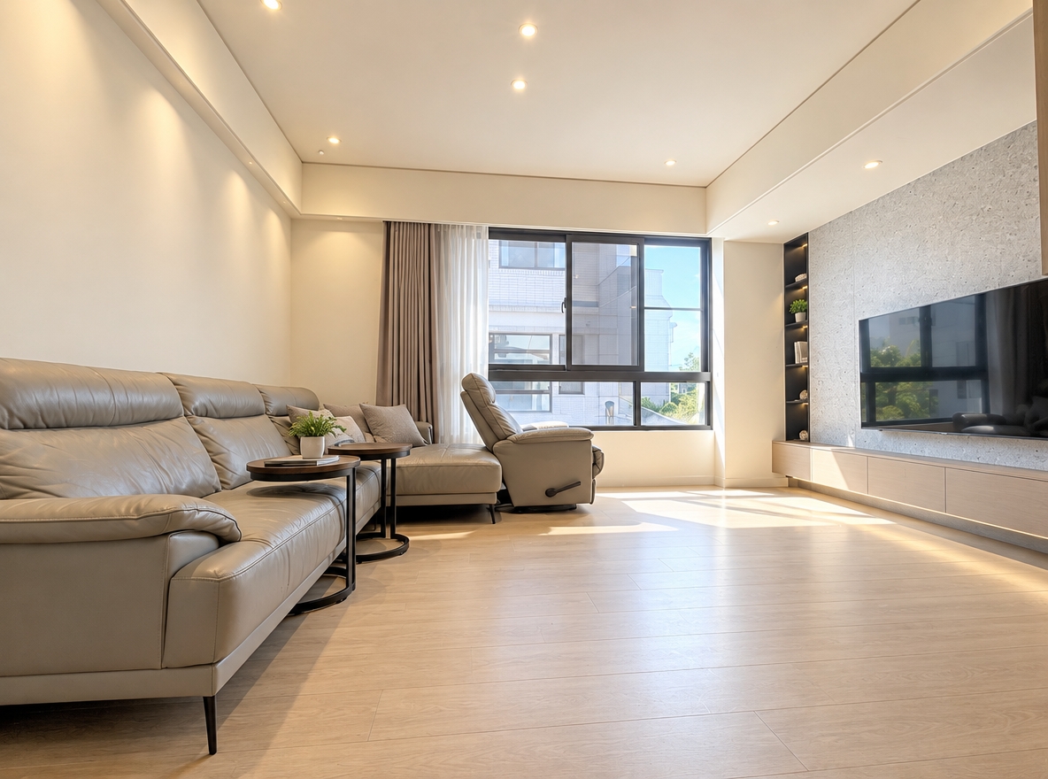 A bright, clean architectural photograph of the living room, preserving the exact layout, leather sofa, side tables, window, and TV wall, while removing all floor clutter, toys, and wall scribbles for a pristine, organized finish. Sunlit daylight floods through the large window, balanced with warm recessed ceiling spotlights, casting gentle shadows across the light wood flooring. Captured with a sharp wide-angle lens, showing realistic supple leather textures, sheer curtain folds, crisp wall surfaces, and subtle reflections on the floor, rendered with natural exposure and faint photographic grain.