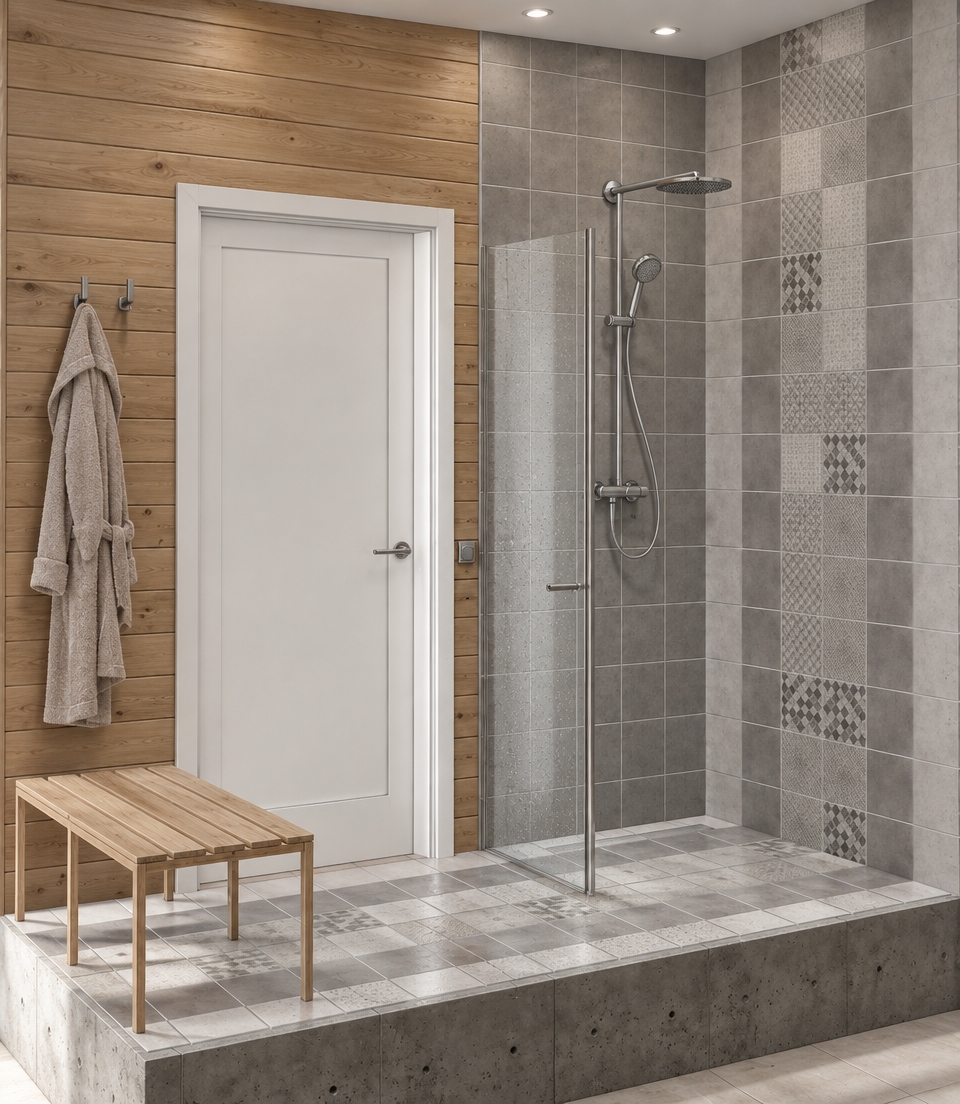 An incredibly lifelike, richly detailed, photorealistic interior shot of a Scandinavian sanctuary bathroom set in a tranquil home environment. The scene is illuminated by soft, diffused daylight, creating a serene and minimalist atmosphere. Captured with a 35mm lens, emphasizing the warm, tactile grain of the light oak slatted wall and the crisp, matte texture of the gray-toned ceramic tiles. To the left, a minimalist oak bench provides a functional anchor, with a plush bathrobe hanging from a sleek hook above, hinting at post-sauna comfort. To the right, a refined glass partition reveals a sophisticated shower area, where the interplay of neutral square tiles and patterned graphite-gray accents creates a subtle, rhythmic geometry. The floor carries this motif, blending seamlessly with the wall treatments. The space is crowned by a clean, white tension ceiling featuring a trio of recessed spotlights that cast a gentle, even glow. The composition is grounded by a rugged concrete base, while the high-resolution rendering highlights subtle details like the precise gray grout lines, the natural knots in the oak, and the crystalline clarity of the shower glass, evoking an authentic sense of spa-like relaxation and architectural harmony.