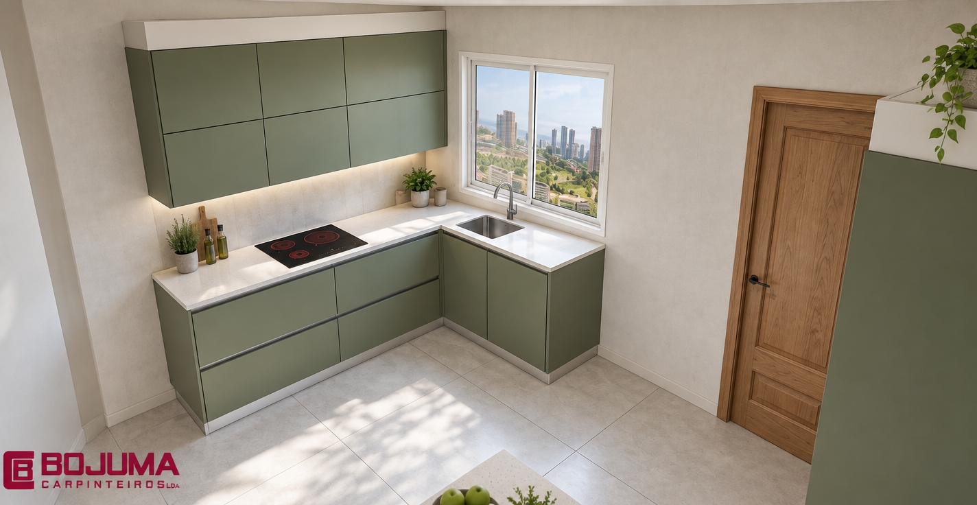 A photorealistic architectural photograph capturing the exact high-angle perspective and layout of the kitchen, illuminated by natural daylight entering through the window. The cabinetry exhibits authentic matte sage-green finishes with realistic seams, complemented by a pristine white solid-surface countertop with subtle light reflections. The black ceramic cooktop, brushed metal sink faucet, and rich natural oak grain of the interior door display accurate material physics and micro-textures. Soft ambient shadows and gentle daylight diffusion across the textured plaster walls and large format floor tiles ground the space, achieving clean photographic realism while preserving all original geometry, materials, and positioning.
