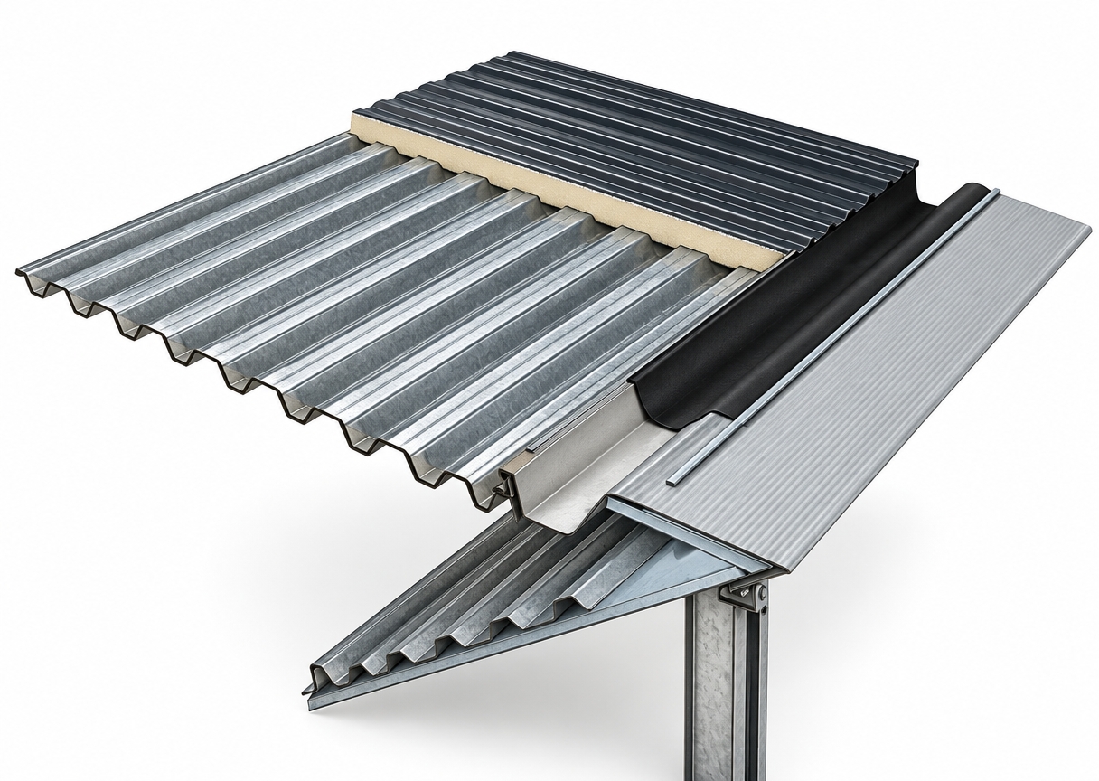 Studio product photograph of an industrial roof cross-section model isolated on a clean, seamless pure white backdrop, shot with a sharp 50mm architectural lens under soft, diffused commercial studio lighting. The lower corrugated trapezoidal deck displays a realistic galvanized metal texture, leading to the exposed cutaway of dense rigid polyurethane foam capped with a reflective silver aluminum foil facing. The upper profile features dark charcoal coated industrial sheet metal with crisp highlights along the ridges, feeding into the integrated gutter trough lined seamlessly with matte black 1mm EPDM rubber membrane exhibiting fine tactile surface friction. Soft directional ambient occlusion defines the interior folds and material transitions, showcasing authentic industrial textures, crisp cut edges, and perfectly neutral studio color fidelity without graphics or text overlays.