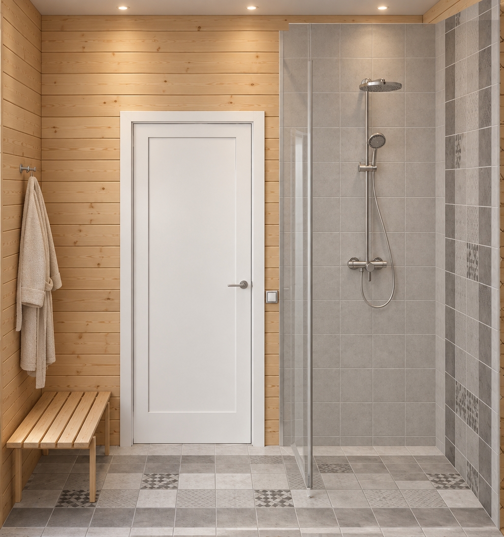 An incredibly lifelike, richly detailed, photorealistic eye-level interior shot of a Scandinavian-style sauna sanctuary. The scene is illuminated by a soft, diffused morning glow that gently highlights the warm, golden hues of the light pine-wood wall paneling, creating a tranquil and restorative atmosphere. Captured with a 35mm lens, the composition emphasizes the clean lines and tactile contrasts between the raw, matte-finished wood and the sophisticated, micro-textured stone surfaces.

To the left, a sleek, minimalist wooden bench sits against the horizontal pine slats, with a single plush robe hanging from a discreet hook above, suggesting a moment of quiet repose. The floor features a rhythmic, alternating pattern of light and dark grey 20x20 cm tiles, interspersed with decorative, graphite-toned graphic inserts that add a modern, geometric flair. A frameless glass partition elegantly defines the shower zone on the right, where a polished chrome rainfall shower system is mounted against a backdrop of smooth, light grey ceramic tiles finished with precise, neutral grey grout. Above, a crisp white stretch ceiling is punctuated by three recessed spotlights that cast a warm, inviting light across the space, highlighting the delicate wood grain and the subtle, porous quality of the ceramic surfaces. The entire space exudes a sense of serene, functional harmony, where every element—from the natural timber texture to the cool, contemporary tilework—is rendered with breathtaking clarity.