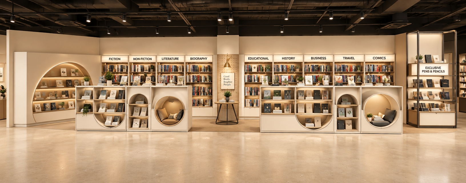 A commercial photograph of a modern bookstore interior, preserving the exact layout and geometry with smooth, beige-toned vinyl flooring and an exposed matte black industrial ceiling showing mechanical ducting. The shelving units and sculpted geometric display islands feature clean matte white and warm beige finishes, filled with realistically textured books, signage, and stationery accessories. Crisp, warm retail track lighting illuminates the space, casting soft, natural ambient shadows beneath the displays and producing subtle, realistic reflections along the floor, captured with balanced commercial exposure and full-depth focus.