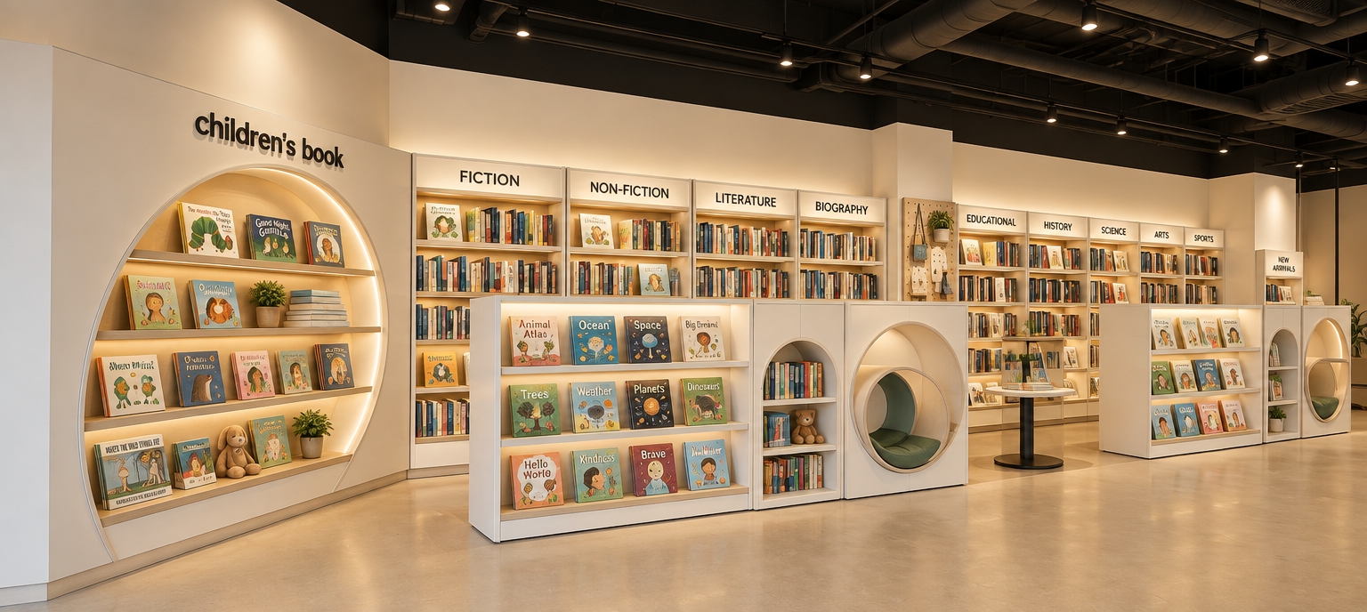 A professional architectural interior photograph capturing the exact bookstore layout, featuring matte off-white millwork and curvilinear shelving under warm, diffused retail lighting. The floor is surfaced in smooth, beige-toned vinyl with faint reflections, while the upper space reveals an exposed matte black industrial ceiling with dark ductwork and recessed track spotlights. The atmosphere is quiet and inviting, defined by a soft white and beige ambient palette, natural paper textures on the stocked books, authentic contact shadows beneath the display counters, and sharp, clean lens clarity throughout the composition.