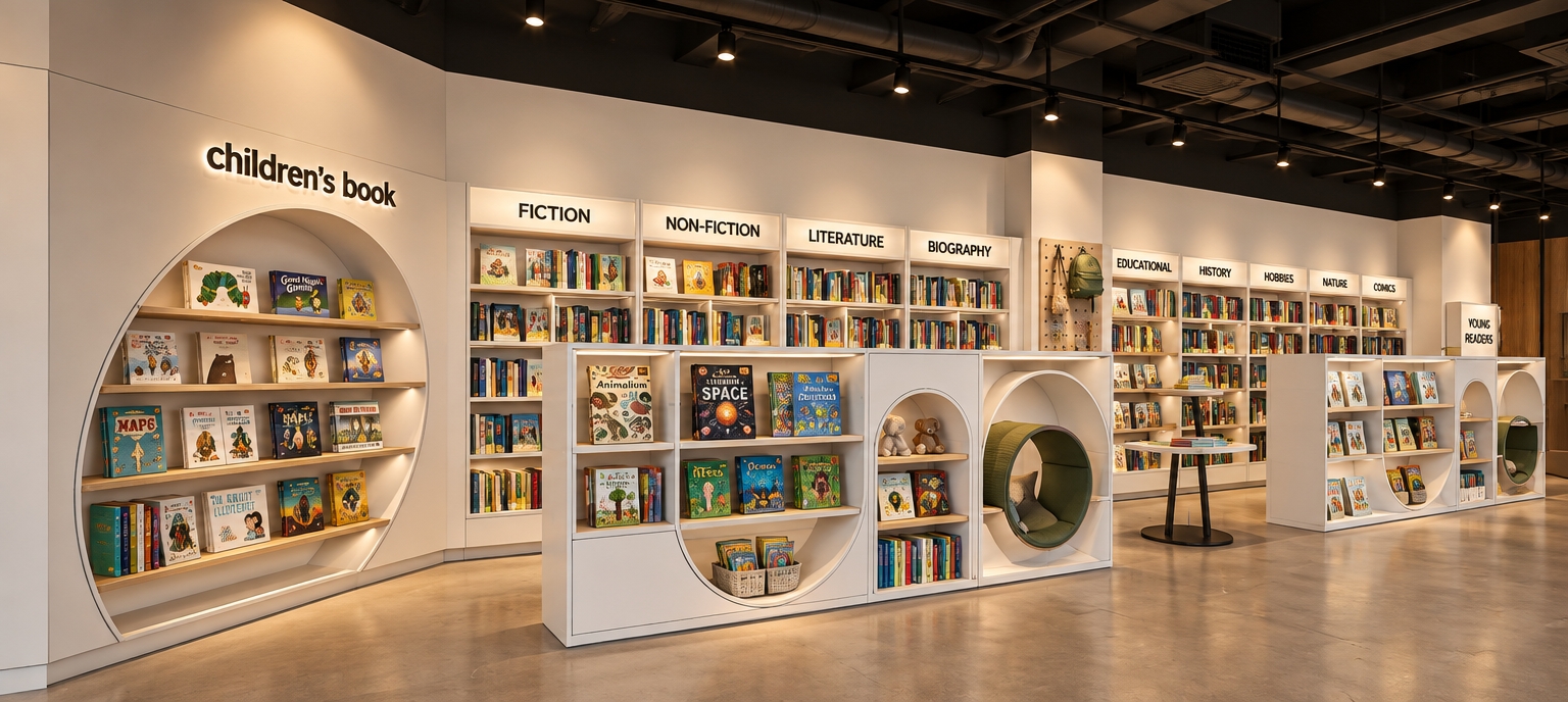 A crisp architectural photograph captures this bookstore interior, preserving the exact geometry, perspective, and shelving arrangement. The built-in millwork and display units feature smooth, satin-finished white laminate with subtle edge seams, filled with realistically textured books with varied paper grains, glossy spines, and dust jackets. Above, an exposed industrial ceiling finished in matte black reveals subtle dark ductwork, conduits, and recessed track spotlights that cast warm, directional 3000K illumination along the shelf faces and floor. The flooring is finished in seamless, warm beige-toned vinyl with faint satin surface sheen and gentle reflections. Balanced interior ambient lighting creates soft contact shadows beneath the display plinths, complemented by a sharp lens render, clean tonal gradients, and a natural, grounded depth of field.
