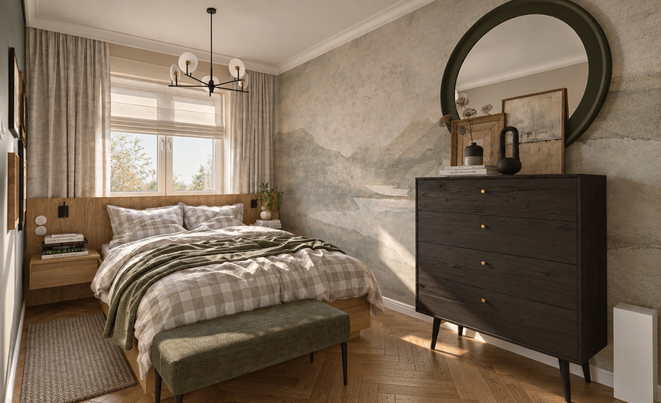 A photorealistic interior photograph capturing the exact scene with natural morning daylight streaming through the window, creating soft diffused highlights and gentle directional shadows across the room. The materials are rendered with tactile authenticity, featuring warm, satin-finished oak herringbone parquet with subtle seam details and natural wood grain variations, a matching natural oak headboard panel, and a softly textured scenic landscape wallpaper with delicate plaster and watercolor nuances on the back wall. The bed is dressed in breathable, realistically creased cotton-linen bedding with an organic, lived-in drape, accompanied by a softly rumpled woven throw blanket delicately arranged across the bed and falling naturally over the textured olive-green upholstered bench. The black stained wood chest of drawers displays a tactile, deep grain with subtle brushed-brass knobs catching gentle rim light, beneath the large dark-framed round mirror that reflects the airy atmosphere with crisp glass realism. The hanging black metal and frosted glass chandelier, linen curtain folds, ceramic decorative vessels, and stacked art books all exhibit fine micro-textures, dust-free satin finishes, and subtle reflections typical of an editorial architectural magazine shoot captured on a professional 35mm lens with soft ambient contrast and true-to-life color temperature.