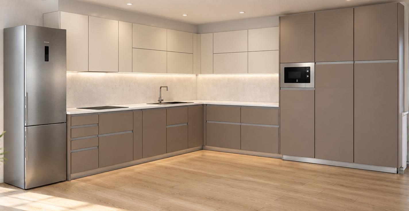 Photorealistic interior photograph faithfully rendering this exact kitchen layout, materials, and geometry. The cabinetry displays realistic surfaces, featuring soft-matte taupe on the lower and tall units with brushed aluminum integrated channel profiles, contrasted by satin off-white upper cabinets with crisp panel seams. The stainless steel refrigerator and built-in microwave exhibit authentic anisotropic brushed metal reflections, while the slim white countertop catches gentle ambient light around the black induction hob and chrome faucet. Pale wood floor planks show subtle natural grain and joint seams under soft, balanced architectural lighting. Captured with a sharp architectural lens, providing pristine depth, accurate color temperatures, and tangible physical textures throughout the space.