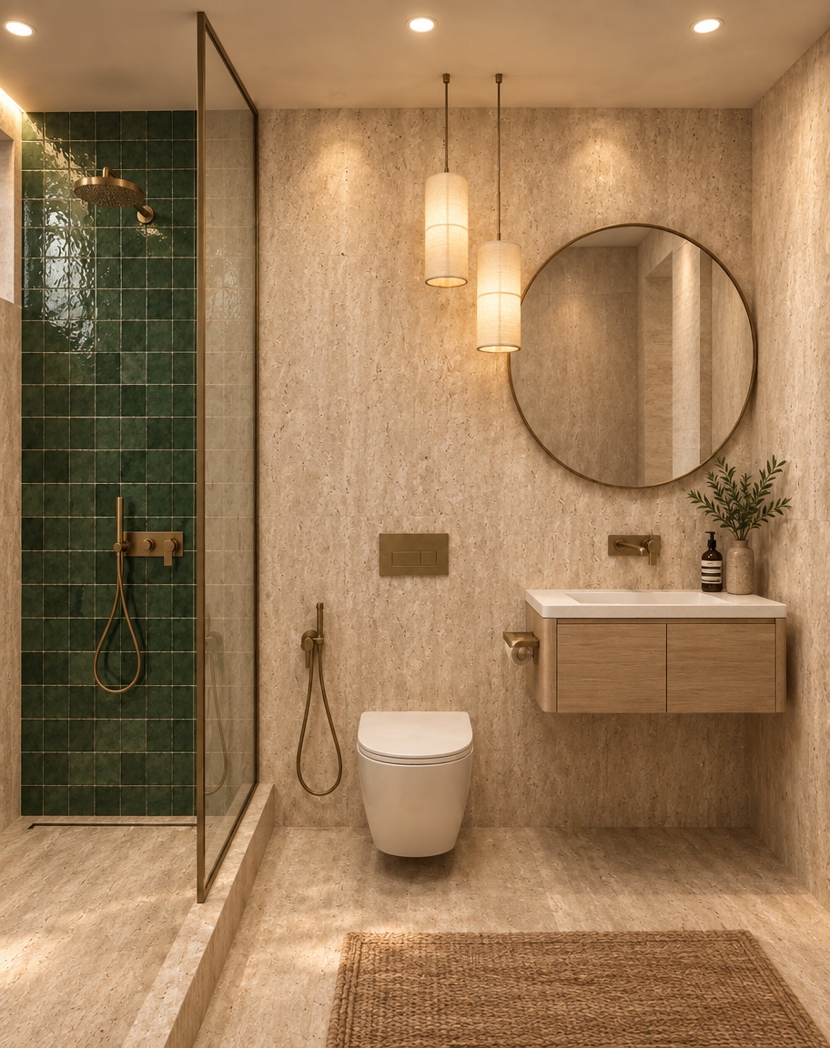 An incredibly lifelike, richly detailed, photorealistic interior shot of a serene eco-minimalist bathroom set in a high-end, tranquil sanctuary. The scene is illuminated by warm, diffused recessed lighting and the soft, ethereal glow of suspended cylindrical lanterns, creating an intimate, Zen-inspired atmosphere. Captured with a 35mm lens, the composition highlights the sophisticated contrast between the rugged, hand-crafted emerald green zellige tiles of the walk-in shower and the expansive, creamy travertine stone that clads the surrounding walls and floor. The space radiates luxury through its minimalist restraint, featuring a floating light oak vanity that anchors the room with organic warmth, complemented by refined brushed brass fixtures that catch the light with a subtle metallic sheen. A circular mirror reflects the depth of the space, while a delicate sprig of greenery in a stoneware vase adds a breath of life to the stone backdrop, perfectly balancing the clean, Japanese-inspired aesthetic with a cozy, inviting, and grounded domestic elegance.