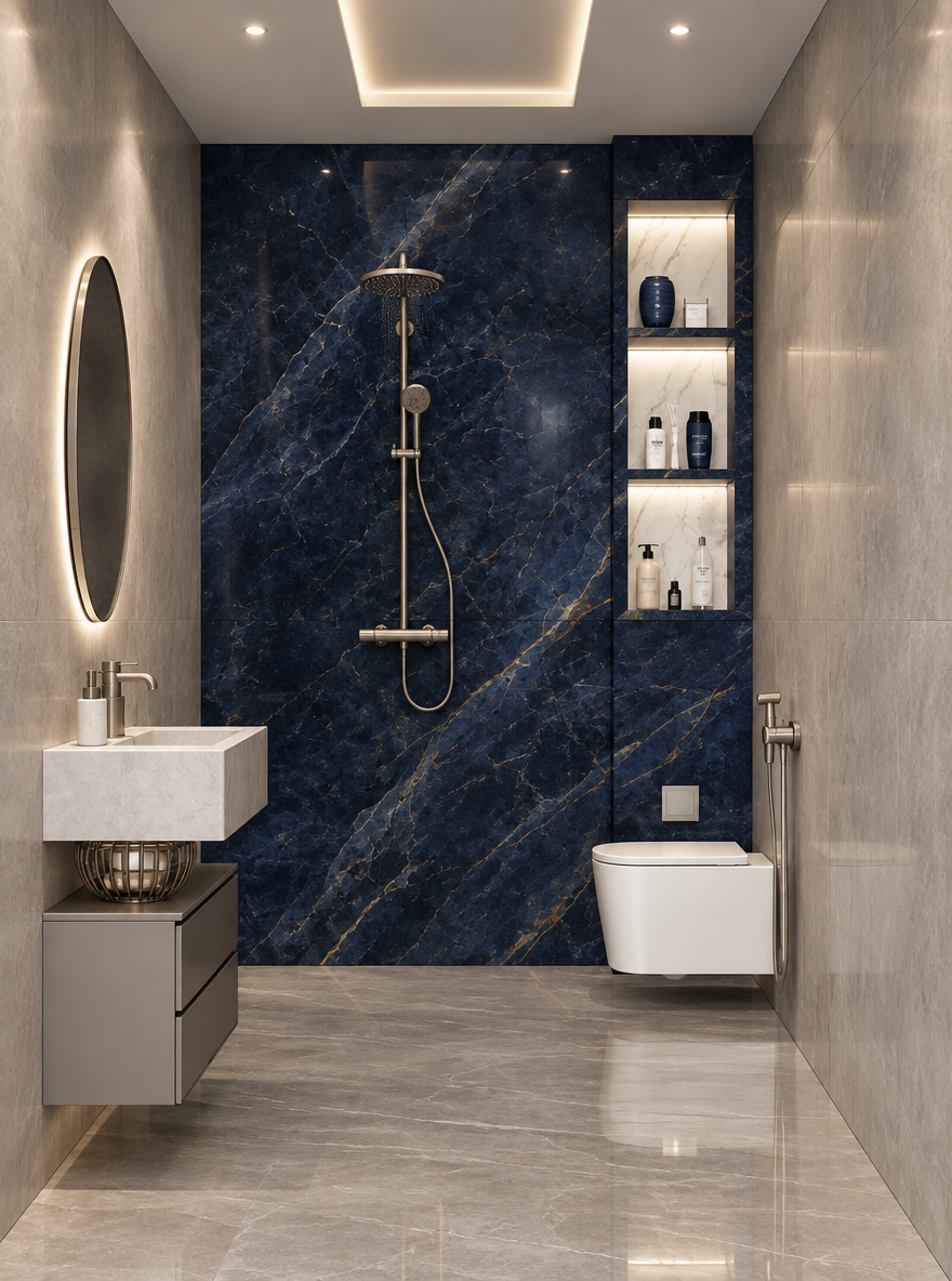 An incredibly lifelike, richly detailed, photorealistic interior shot of a contemporary master bathroom set in a high-end urban residence. The scene is illuminated by soft, recessed ceiling lighting that casts a gentle glow across the space, creating a sophisticated and tranquil atmosphere. Captured with a 35mm wide-angle lens, the image emphasizes the dramatic contrast between the deep, navy blue marble slab back-wall and the surrounding refined surfaces in shades of pearl and soft, brushed gray.
The central focus is the striking floor-to-ceiling dark marble, featuring gold-veined textures that shimmer under the polished light. To the left, a minimalist floating vanity in a matte finish supports a crisp, architectural white basin, paired with a sleek, circular mirror that adds a touch of organic geometry. To the right, a wall-recessed shelving unit lined with pristine white stone showcases curated bath essentials, while a low-profile, wall-hung toilet maintains the clean, uncluttered lines of the floor. Slim, brushed-nickel metal accents define the fixtures, adding a jewelry-like quality to the room. The perspective is perfectly balanced, highlighting the interplay between the cool, dark stone and the light, neutral textures of the floor and walls, resulting in a space that feels both airy and deeply luxurious.