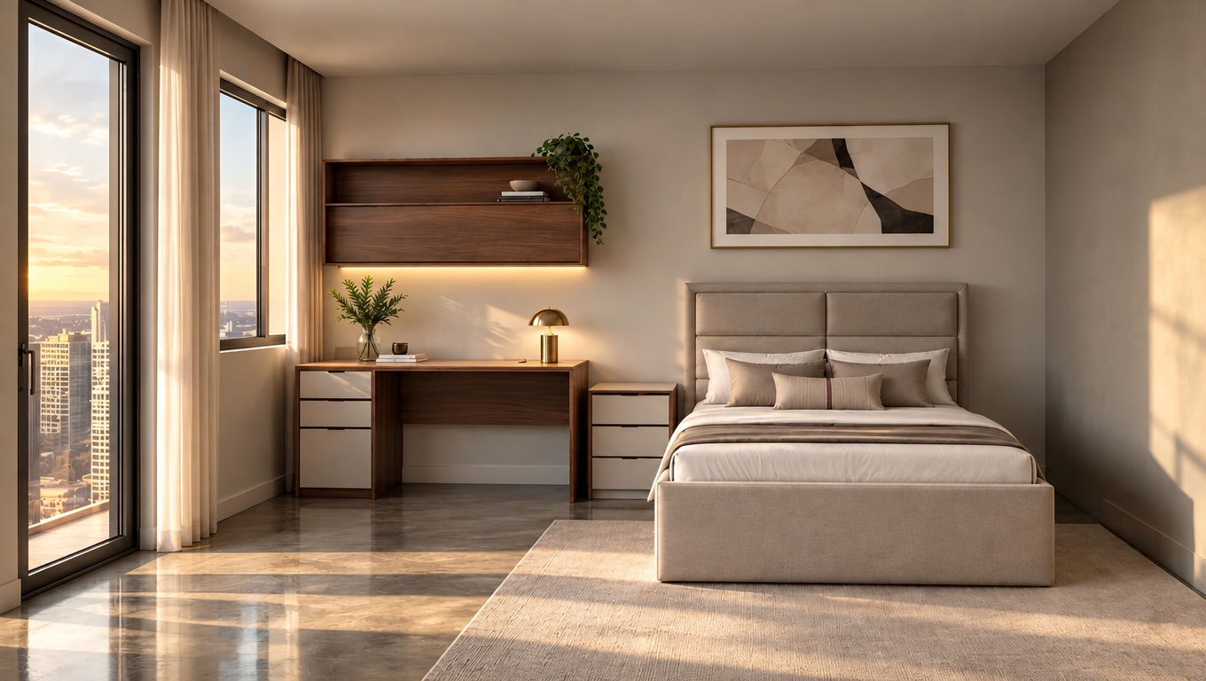 An incredibly lifelike, richly detailed, photorealistic interior shot of a sophisticated modern bedroom set in a high-rise urban environment. The scene is illuminated by the soft, golden glow of late afternoon sun filtering through floor-to-ceiling glass, creating a serene, tranquil atmosphere. Captured with a 35mm lens, emphasizing the rich walnut wood grains of the integrated workspace and the plush, smooth textures of the upholstered bed frame.

The room embodies a seamless modern fusion, where sleek geometric lines meet the warmth of natural materials. A minimalist desk configuration, accented with a vibrant touch of lush greenery, stands elegantly against the wall, while a striking piece of abstract art above the bed introduces bold, contemporary movement to the space. The polished concrete flooring reflects the diffuse light, enhancing the open-concept feel of this industrial-inspired sanctuary. Every detail—from the metallic desk lamp to the carefully curated tonal palette of whites, creams, and deep wood tones—is rendered with breathtaking clarity, evoking the aesthetic of a high-end architectural photography book.