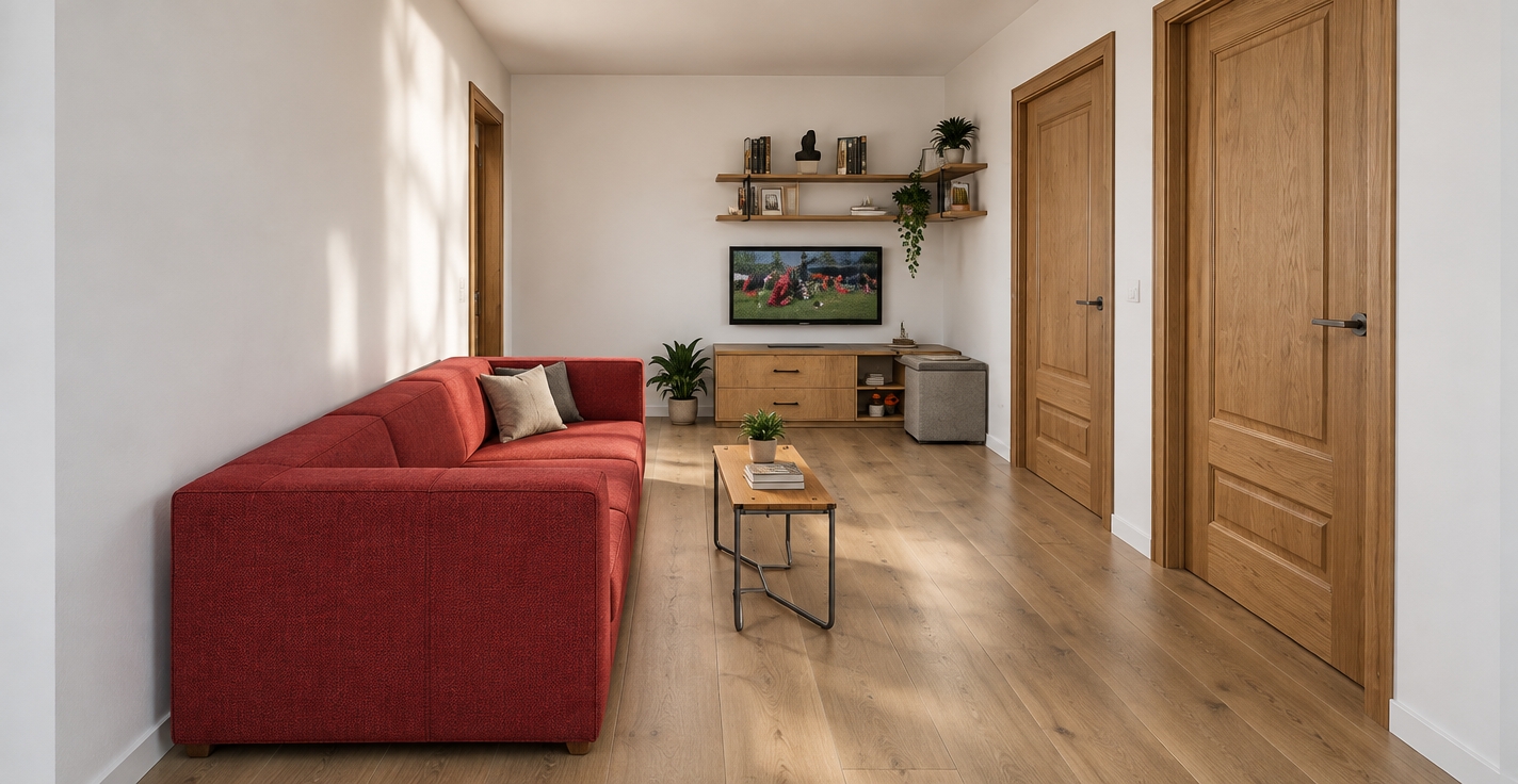 A photorealistic architectural photograph capturing the exact layout, materials, and wide-angle perspective of the room, illuminated by soft, natural ambient daylight. The scene faithfully renders the existing textures: rich woven red fabric on the sofa, natural oak wood grain on the doors and cabinetry, and matte wooden floorboards with subtle surface reflections. Crisp contact shadows ground the furniture, while smooth matte white walls reflect neutral fill light, creating a clean, balanced exposure with authentic material depth and no geometric alterations.
