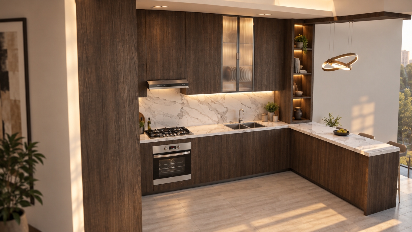 A professional architectural photograph of the exact kitchen layout and high-angle perspective, preserving all structural geometry and materials. The dark vertical-grain wood cabinetry features authentic matte surface textures, while the polished white marble countertops and backsplash display realistic grey veining and soft specular highlights. Stainless steel appliances, the sink, and the gas cooktop exhibit natural brushed metallic finishes. The entire scene is illuminated with warm, inviting interior lighting with cozy golden color temperatures, casting soft contact shadows and balanced by subtle daylight. Captured with a sharp architectural lens, presenting realistic material physics, fine micro-textures, and photorealistic depth without altering the composition.