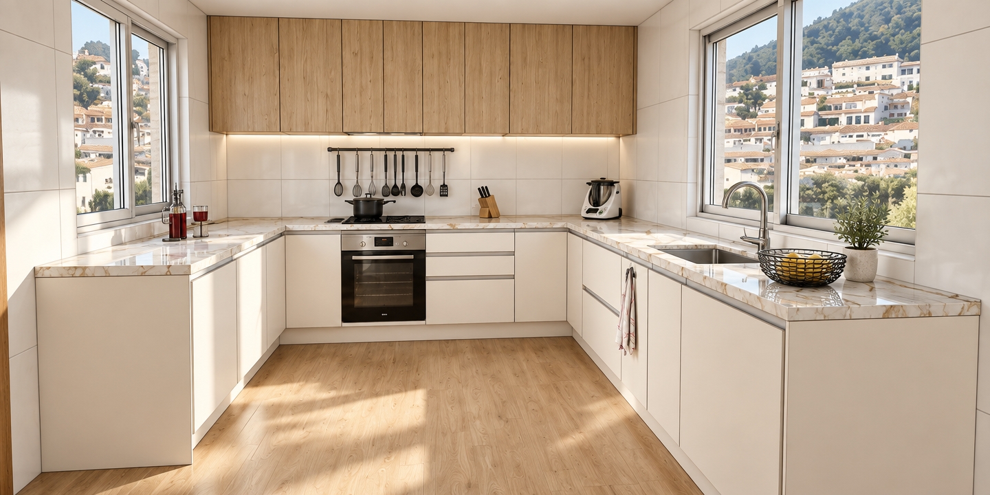Architectural interior photograph of the exact U-shaped kitchen layout, illuminated by soft natural daylight streaming through the side windows overlooking the hillside outside. Preserve the identical composition and materials, featuring matte off-white lower cabinetry, light natural oak upper cabinets, and polished white marble countertops with warm subtle veining. The stainless steel oven, cooktop, hanging utensils, chrome faucet, and tiled walls exhibit realistic reflections, crisp edge highlights, and authentic surface micro-textures. Captured with a professional wide-angle architectural lens, balanced exposure, natural contact shadows on the light wood plank floor, and subtle photographic grain.