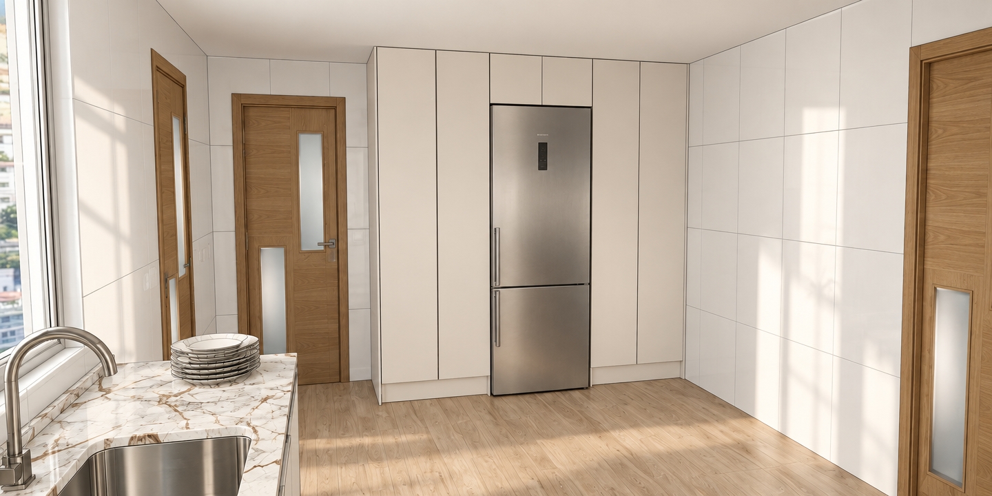 A clean architectural photograph capturing this exact kitchen space under soft natural daylight streaming from the left window. Maintain the identical layout, geometry, and materials: a polished marble countertop with warm brown veining, a brushed stainless steel sink and faucet, stacked ceramic plates, glossy white square wall tiles with delicate grout, warm oak wood doors with frosted glass panels, matte off-white tall cabinetry, and a brushed stainless steel refrigerator reflecting subtle ambient light. The light wood plank flooring displays natural grain textures and soft directional shadows, captured with an eye-level wide interior lens offering balanced exposure, lifelike surface reflections, and crisp photorealistic clarity.