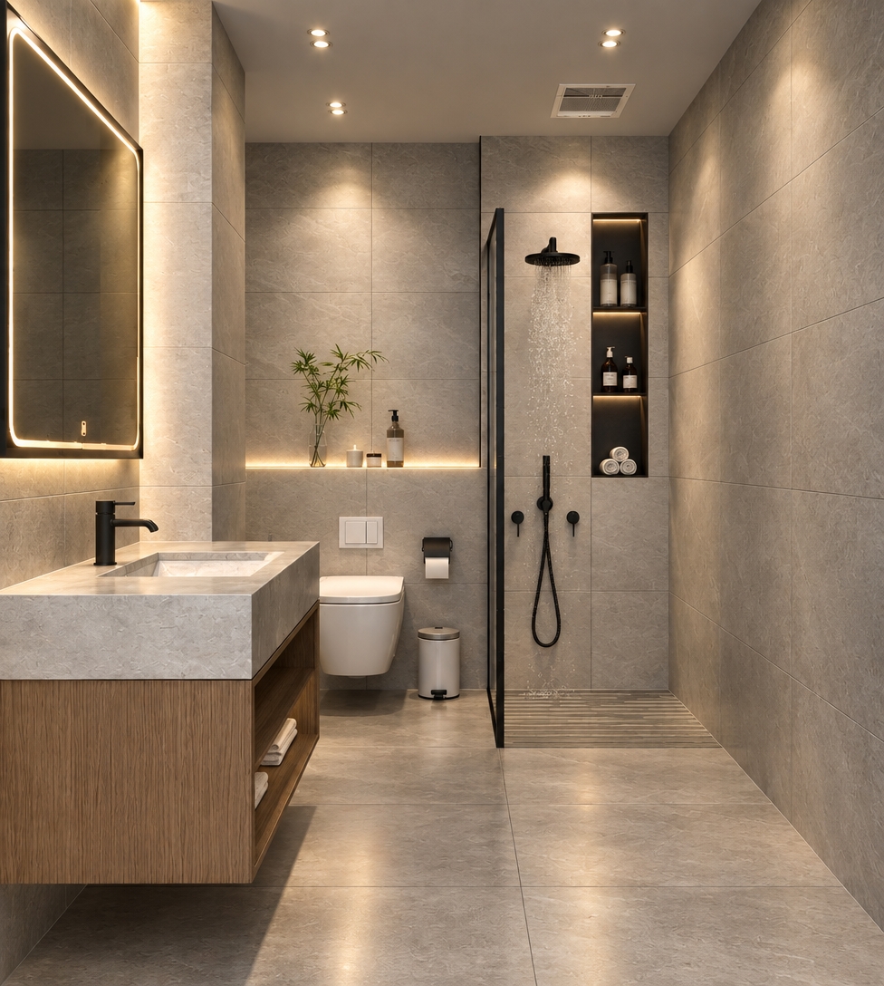 An incredibly lifelike, richly detailed, photorealistic interior shot of a minimalist bathroom set in a high-end urban apartment. The scene is illuminated by soft, recessed architectural lighting and warm, glowing LED strips, creating a serene, Zen-inspired atmosphere. Captured with a 35mm wide-angle lens, emphasizing the tactile, matte texture of the large-format light gray stone tiles and the rich, linear grain of the suspended wooden vanity.

This minimalist haven is defined by its clean, uncluttered lines and monochromatic palette, where shades of soft gray and stone provide a grounding, elegant backdrop. The space is expertly organized, featuring a floating toilet and a streamlined walk-in shower enclosed by slender black matte framing that adds a sharp, modern contrast. Functional beauty is prioritized through the recessed wall niche for toiletries and the subtle integration of organic elements, such as a delicate bamboo sprig, which brings a touch of nature to the sleek, clutter-free surfaces. Every element, from the matte black fixtures to the hidden cabinetry, reflects a commitment to simple, functional design, resulting in a sanctuary that feels both tranquil and architectural.