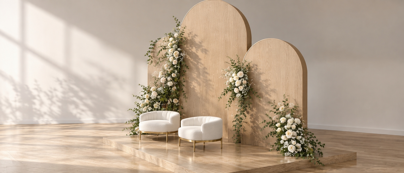 An incredibly lifelike, richly detailed, photorealistic eye-level shot of an elegant event stage set in a minimalist, light-filled studio environment. The scene is illuminated by soft, diffused morning sunlight streaming from the left, creating a sophisticated and serene atmosphere. Captured with a Phase One XF IQ4 medium format camera using an 80mm lens, the rendering emphasizes the fine, organic grain of the blonde oak wood, the plush, velvet-like texture of the white channel-tufted chairs, and the delicate, crisp details of the cascading floral arrangements.
The backdrop consists of three interconnected arched alcoves finished in a premium, light-toned white oak veneer, with the central arch rising prominently above the two flanking smaller arches. The natural wood grain is rendered with microscopic detail, showing subtle variations in texture and warmth. Tucked neatly before these arches are two modern, semi-circular lounge chairs featuring white, high-density fabric upholstery and thin, brushed gold metal frames that catch the light with a soft, satin-finished reflection.
The floor is composed of smooth, polished light oak planks that extend to form the stage platform, reflecting the soft shadows cast by the chairs and the floral decor. The floral accents—a mix of tea roses, baby's breath, and lush ivy—appear as if freshly cut, with individual petals showing translucent depth and fine veins. The shadows are soft and diffused, grounded by precise ambient occlusion that gives the structure a tangible, three-dimensional presence. The composition is balanced and symmetrical, emphasizing the clean lines and minimalist luxury of the design, with the focus pulling the viewer toward the refined interaction between the natural wood textures and the pristine fabric of the seating.