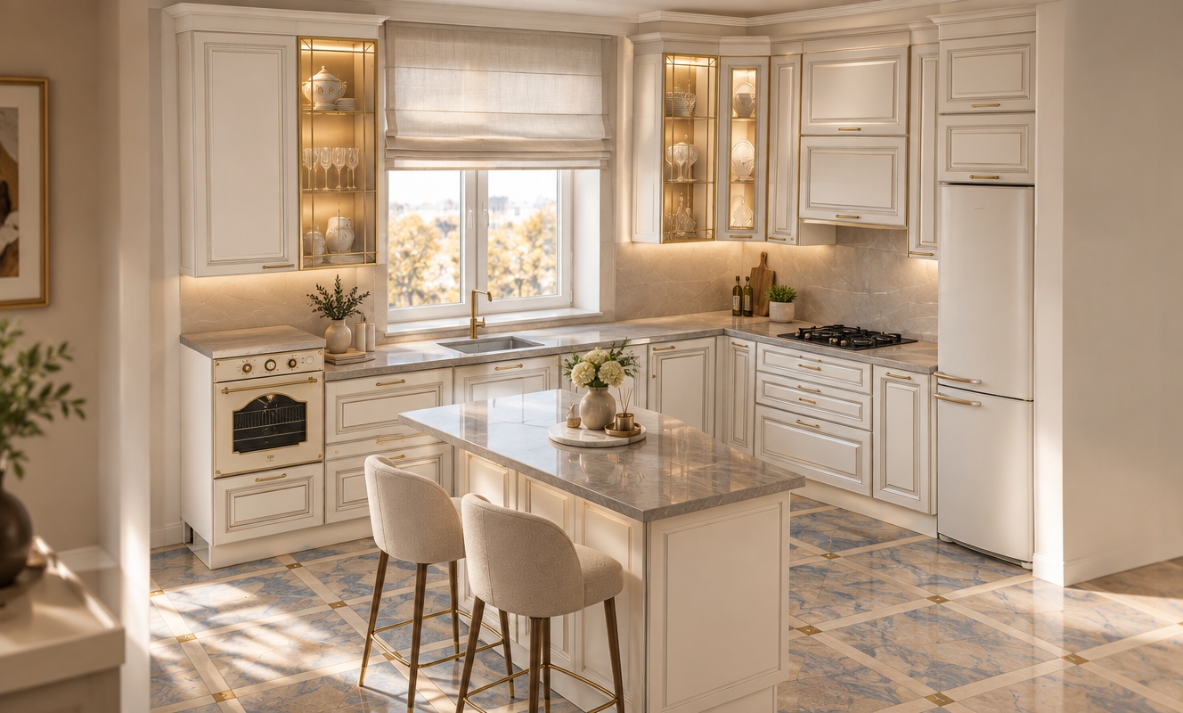 An incredibly lifelike, richly detailed, photorealistic interior shot of a sophisticated Art Deco-inspired kitchen set in a bright, airy home during a crisp autumn midday. The scene is illuminated by soft, natural light filtering through a window dressed in a crisp, tailored Roman shade, creating a warm and inviting atmosphere. Captured with a 35mm lens, the image emphasizes the interplay between the matte white cabinetry, the tactile, cool-toned stone countertops, and the luxurious warmth of the gold-profiled glass display cabinets. Inside these vitrines, a gentle, ethereal glow illuminates curated fine china and elegant crystal glassware, adding a touch of refined glamour. The floor is covered in a striking, intricate pattern of beige and cerulean blue tiles, perfectly anchoring the space. In the foreground, sleek bar stools upholstered in plush, cream-toned fabric invite conversation, while subtle, minimalist kitchen accents—such as a small ceramic vase and a polished marble serving board—complete the composition. The depth of field is shallow, drawing the eye toward the seamless integration of the island and the classic, timeless silhouette of the bespoke cabinetry.