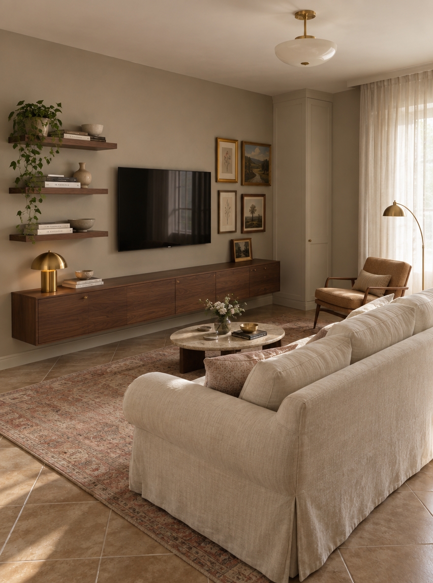 An incredibly lifelike, richly detailed, photorealistic eye-level interior photograph of a compact, thoughtfully curated living room set in an authentic modern apartment. The scene is illuminated by soft, diffused midday spring sunlight streaming gently through sheer, airy off-white drapery framing the window, creating a serene, warm, and sophisticated atmosphere. Captured with a 50mm prime lens on a full-frame camera at f/4, emphasizing tactile linen weaves, deep oiled walnut grain, the subtle gleam of brushed brass, and the authentic glazed texture of the existing diagonal ceramic floor tiles.
Retaining the room’s honest, compact architecture and standard ceiling height, the 330-centimeter main wall has been re-envisioned with balanced, tailored bespoke joinery that eliminates clutter while maximizing function and human-scale warmth.
Stretching along the lower portion of the wall is a sleek, low-profile floating sideboard in rich walnut, standing 40 cm high with an elegant shadow gap underneath that allows the flooring to run continuously beneath, giving the illusion of floor space. The sideboard features finely crafted decorated front panels with understated hardware. Resting on its left side is a sculptural brass dome table lamp, adding a warm metallic accent to the natural wood grain.
Above the sideboard, the wall unfolds in a dynamic, harmonious rhythm from left to right:
- **Far Left:** Three 70 cm floating walnut shelves hover at staggered heights, carefully styled with neatly stacked art monographs, handmade textured ceramic bowls, and a petite trailing ivy cascading gracefully over the edge.
- **Center:** A 55-inch television is mounted completely flush to the neutral greige wall, its powered-off obsidian screen catching soft, low-contrast reflections of the bright interior.
- **Center-Right:** A loose, vertically arranged gallery cluster of vintage framed artworks—featuring antique oil landscapes and minimalist botanical sketches in mismatched patinated wood and slender gilded frames—adds collected-over-time character.
- **Far Right:** Anchoring the composition, a 50 cm wide built-in cupboard extends from floor to ceiling. Finished in a warm off-white with delicate panel detailing, it blends seamlessly into the architecture while discreetly housing all media equipment, cables, and living room storage.
In the center of the room, grounding the existing diagonally laid floor tiles, lies a generous, low-pile vintage rug washed in muted dusty rose, faded cream, and oatmeal tones. Directly facing the television is a straight, rectangular three-seater sofa measuring 218 cm, upholstered in a heavy cream washed-linen slipcover. Its soft rolled arms and tailored floor-length skirt offer a relaxed, welcoming elegance, dressed with a couple of textured linen toss cushions.
Near the sunlit window, a single vintage mid-century armchair with tapered legs and warm woven upholstery sits angled inwards, establishing a cosy reading nook. A slender, elegant brass arc floor lamp swoops gently from behind the seating, echoing the round curve of a refined plaster-and-brass ceiling pendant that replaces the old wire fixture above. A petite, low round coffee table in honed travertine and dark wood sits within arm's reach of the sofa, completing a lived-in, editorial home that feels both peaceful and deeply personal.