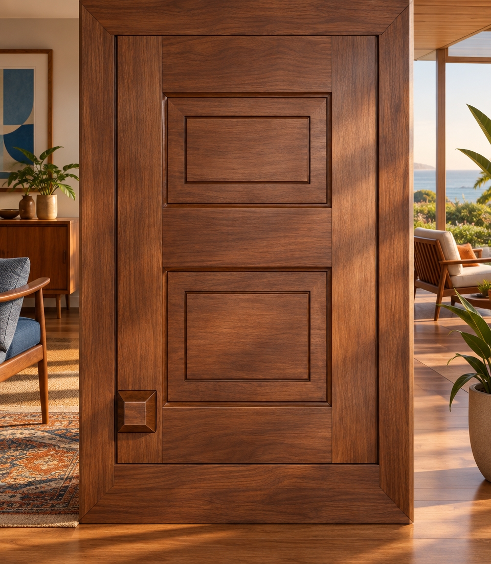 An incredibly lifelike, richly detailed, photorealistic interior shot of a sophisticated living space set in a sun-drenched coastal home with an open-air transition to an outdoor patio. The scene is illuminated by soft, natural golden-hour light streaming through floor-to-ceiling windows, creating a warm, inviting, and tranquil atmosphere. Captured with a 35mm lens, emphasizing the deep, lustrous grain of the walnut cabinetry—which mimics the elegant, dual-panel design of the featured woodwork—contrasted against mid-century modern furniture in rich teak and walnut tones.

The room is curated with a minimalist, functional aesthetic, featuring clutter-free surfaces and iconic silhouettes. Muted blue accents appear in textured throw pillows and abstract, gallery-quality wall art, harmonizing with warm earth tones and burnt orange highlights in a vintage-inspired rug. Lush indoor plants provide organic pops of life, drawing the eye toward the patio where greenery blends seamlessly with the interior. The composition balances linear, timeless architectural lines with a soft, inviting depth of field that highlights the impeccable joinery of the custom cabinetry, embodying a classic, mid-century modern sensibility.
