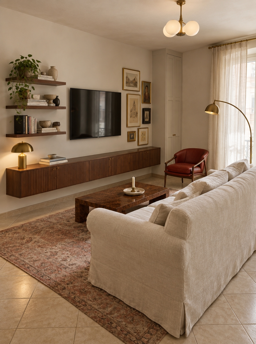 An incredibly lifelike, richly detailed, photorealistic eye-level interior photograph of a compact, curated living room set in a sunlit European apartment. The scene is illuminated by gentle, diffused midday summer sunlight filtering through sheer linen window drapes, paired with the warm, ambient glow of brass lighting, creating an inviting, sophisticated, and lived-in atmosphere. Captured with a professional full-frame camera and an authentic 50mm prime lens, emphasizing the tactile textures of oiled walnut, aged leather, washed Belgian linen, and vintage ceramic glazes without any wide-angle distortion.

Retaining the original room's exact architectural footprint and distinctive diagonal cream ceramic floor tiles, the space feels thoughtfully elevated and grounded. Centered in the seating area, a large, faded vintage rug in muted dusty rose, oatmeal, and subtle terracotta tones overlays the tiles, anchoring the layout and adding immediate warmth and acoustic softness.

The main focal wall measures precisely 330 cm wide, framed against crisp, chalky-white plastered walls and a standard-height ceiling. Spanning the lower portion from the far left up to the tall storage unit is a long, low floating sideboard in rich, warm walnut. Mounted 40 cm high with a crisp shadow gap beneath, it features subtly reeded cabinet fronts and minimal antique brass hardware. Resting atop the sideboard is a sculptural, brushed brass dome table lamp, casting a soft downward halo over art books and a small stoneware dish.

Above this floating credenza, the wall is composed in a balanced, asymmetrical rhythm from left to right:
- On the left, three 70 cm floating walnut shelves sit at staggered heights, deeply stocked with stacked design monographs, textured matte ceramic vessels, hand-thrown bowls, and a lush, trailing pothos plant cascading gently over the edge.
- Centered alongside the shelving is a 55-inch television, mounted completely flush to the wall, its dark screen turned off to reflect the soft window light like a minimalist panel.
- To the right of the screen, an organic, loose vertical cluster of framed artwork ascends the wall, featuring mismatched vintage profiles—burnished gilt, ebonized timber, and narrow brass frames enclosing small figurative oil sketches, architectural drawings, and abstract watercolor studies.
- Anchoring the far right corner, a bespoke floor-to-ceiling cabinet stands 50 cm wide, painted in a soft, warm off-white with delicate panel details, providing seamless, concealed vertical storage that blends cleanly into the adjoining architecture.

Positioned parallel to the media wall sits a classic straight three-seater sofa measuring exactly 218 cm in length. Upholstered in a heavy, cream-colored linen slipcover, it features soft rolled arms, loose feather-filled back cushions, and a relaxed tailored skirt that brushes the top of the vintage rug. In the sunny corner by the window, angled toward the conversation space, rests a prized 1940s vintage Italian armchair: its sculptural exposed walnut frame showcases slender, tapering uprights and delicate spindle legs, beautifully contrasted by a compact seat and curved back upholstered in deep brick-red, naturally patinated leather.

Between the sofa and the wall, a low vintage coffee table in patinated burl wood displays a ceramic tray with a single sculptural candle. Hovering gracefully above, a slender brass arc floor lamp extends from behind the sofa corner, while an elegant mid-century Italian chandelier in matte brass and frosted opal glass globes hangs from the ceiling center, completing a balanced, richly layered sanctuary tailored to human scale.