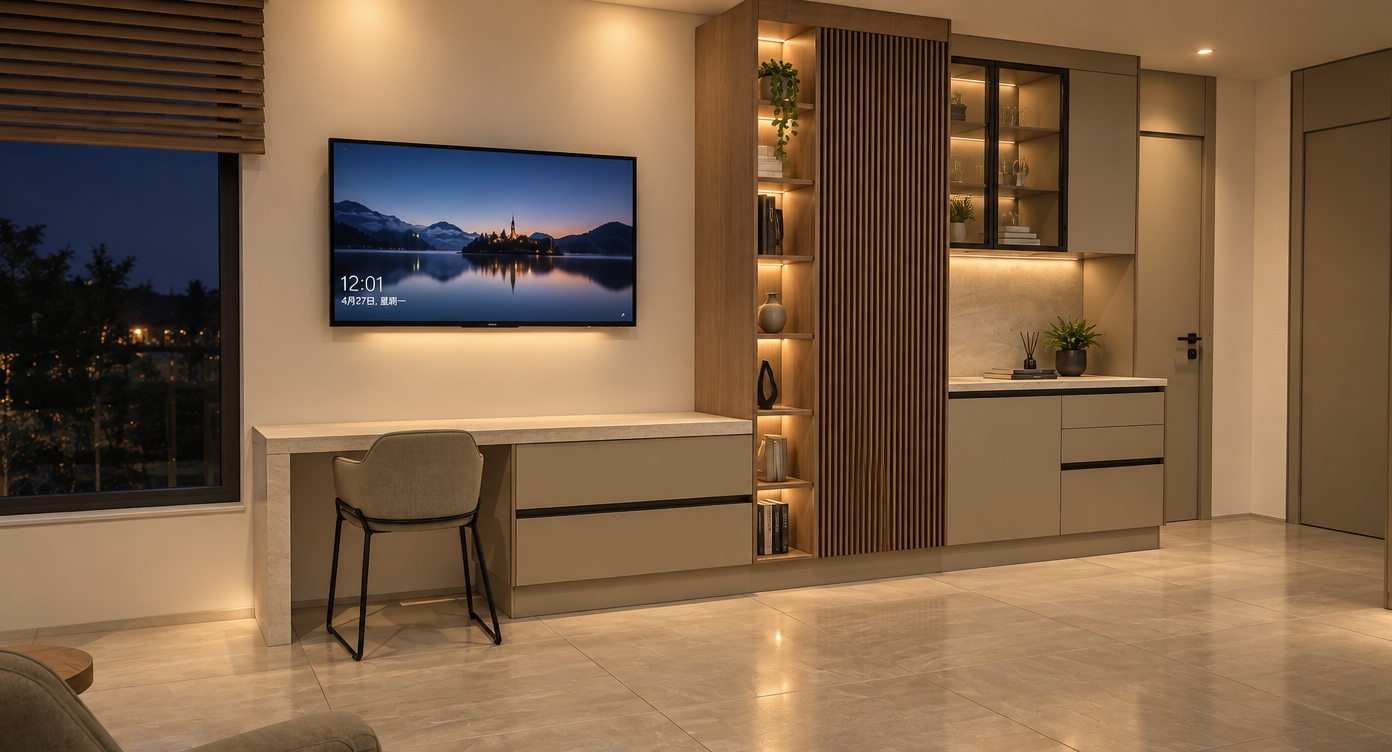 A photorealistic interior photograph capturing the exact room layout and geometry at night in spring, illuminated by soft, warm recessed lighting and gentle ambient downlights. The matte taupe cabinetry, natural fluted oak wooden screen, and fabric chair exhibit realistic surface micro-textures and soft contact shadows. The large-format tiled floor displays gentle light reflections, while the glass cabinets and television screen give off a subtle, realistic luminescence against the cool dark evening tones outside the window. Captured with a professional wide-angle lens, featuring balanced exposure, natural shadow roll-off, slight optical vignetting, and faint photographic grain.
