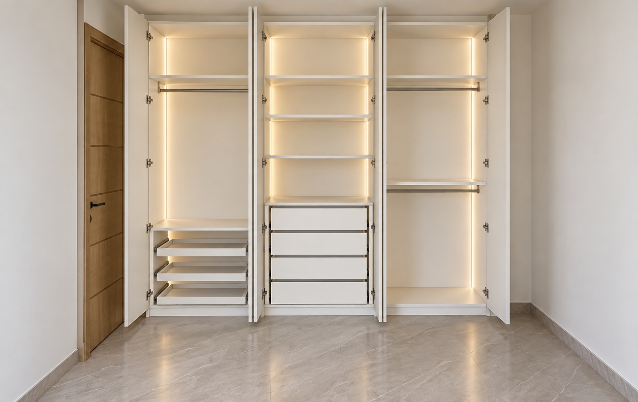 A realistic architectural interior photograph of the custom built-in closet, preserving the exact geometry, layout, and frontal perspective. The entire wardrobe structure, shelves, drawers, and open doors feature a clean, smooth matte white finish. Soft vertical warm-white LED strip lighting is seamlessly integrated into the interior side panels of each section, casting a gentle, realistic illumination across the compartments, metal clothes rails, and drawer faces. Natural ambient room light balances with the interior closet LEDs, creating subtle contact shadows, delicate reflections on the hardware, and realistic wood grain on the adjacent door, shot with a sharp, balanced architectural lens.