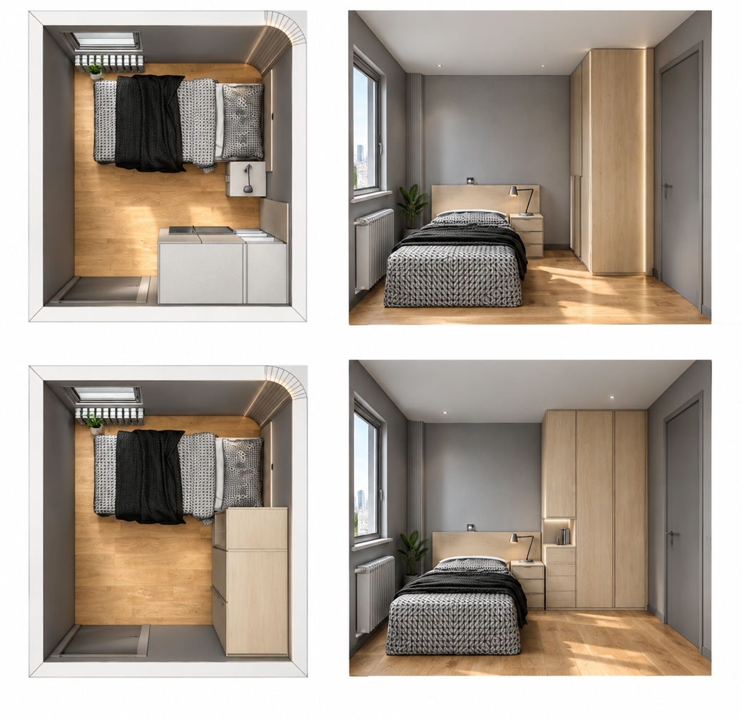 An incredibly lifelike, richly detailed, photorealistic interior shot of a minimalist, Zen-inspired bedroom set in a high-tech urban apartment during a bright summer midday. The scene is illuminated by soft, diffused natural light filtering through the window, creating a tranquil, uncluttered atmosphere. Captured with a wide-angle 24mm lens, emphasizing the crisp lines of the custom light-oak cabinetry, the sleek, matte-finish gray walls, and the precise, streamlined geometry of the space. 

The composition highlights a perfect balance between functional, smart design and meditative simplicity. The room features a bed dressed in sophisticated monochrome patterned textiles, nestled against a clean, cool-gray backdrop. To the side, a wall of integrated light-wood closets provides seamless storage, accented by subtle, high-tech LED detailing that hints at smart-home integration. A singular, lush indoor plant adds a touch of organic warmth against the futuristic, cyberpunk-inflected aesthetic. The flooring, a warm honey-toned oak, glows under the midday sun, while the surfaces remain impeccably clear, reflecting the innovative, uncluttered philosophy of the design. The perspective emphasizes depth, drawing the eye from the functional bedroom entrance toward the serene, sun-drenched sleeping area.