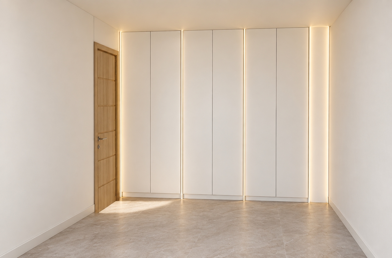 A crisp architectural photograph capturing the exact room layout, featuring the full-height wardrobe finished in smooth, glare-free matte white, accented by subtle integrated warm LED lighting along the furniture edges. The interior door on the left displays authentic natural wood grain texture with realistic satin hardware, while the floor presents a finely textured, natural surface. Balanced soft ambient lighting complements the warm glow of the LEDs, casting realistic diffuse shadows across the matte-painted walls and ceiling. Captured with a professional 35mm architectural lens, the shot emphasizes clean lines, tactile micro-textures, and accurate material finishes while maintaining the original perspective and composition.
