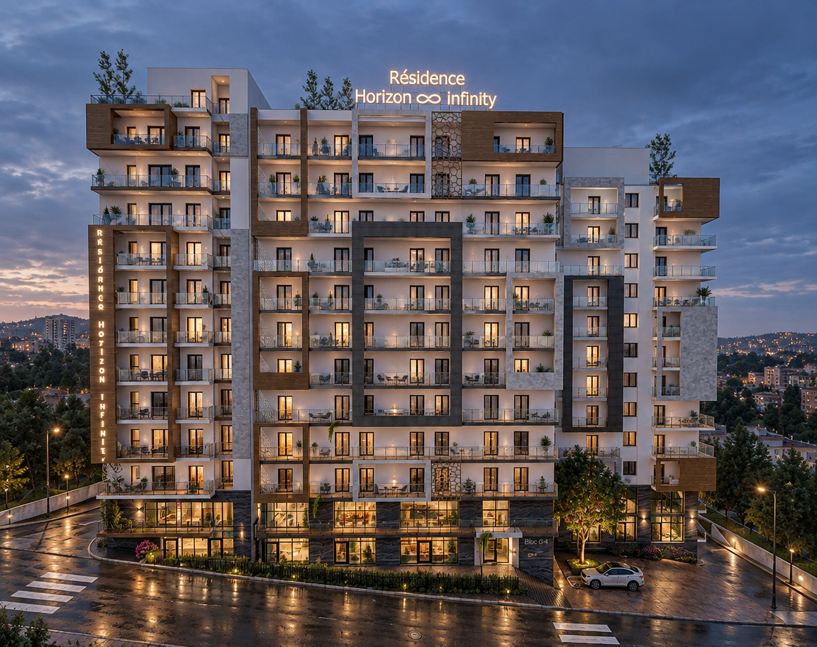 A cinematic architectural photograph capturing the exact building facade during early evening blue hour under a soft, overcast twilight sky with subtle atmospheric haze. The scene preserves the precise geometry, camera perspective, and materials, rendered with physically accurate textures such as fine stucco roughness, natural matte wood grain, reflective glass balcony railings, and detailed dark stone cladding at the base. Ambient cool blue daylight softly wraps the exterior, creating realistic contrast against the inviting, warm 2700K interior illumination glowing through selected apartment windows and ground-floor commercial spaces. Captured on a professional tilt-shift architectural lens, the image displays natural photographic imperfections including subtle optical vignetting, realistic glass reflections, gentle shadow falloff, and delicate sensor grain, avoiding any artificial 3D render sheen.