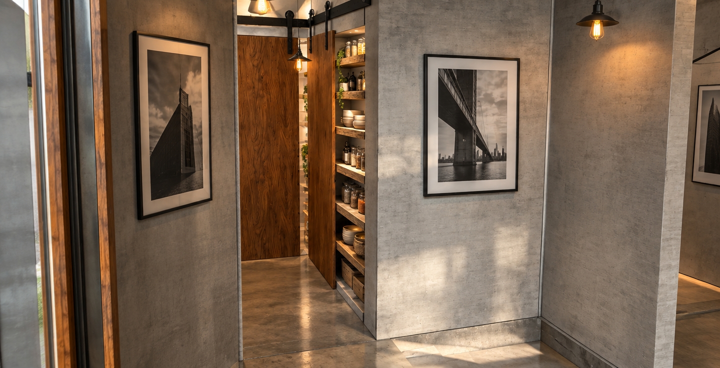 An incredibly lifelike, richly detailed, photorealistic wide-angle interior shot of a sophisticated walk-in closet set in a sun-drenched industrial loft. The scene is illuminated by soft, natural light spilling from high-set clerestory windows, accented by warm-toned industrial Edison-style pendant lighting that creates a cozy, inviting atmosphere. Captured with a 24mm wide-angle lens, emphasizing the rich, organic grain of the walnut barn doors against the cool, refined texture of brushed concrete walls.

The composition highlights a sleek, black steel sliding door track system that provides a striking contrast to the warm timber panels. Inside the walk-in pantry, meticulously organized glass jars, artisan ceramics, and vibrant dry goods rest on floating reclaimed-wood shelves, adding a touch of domestic life to the minimalist architecture. Blank gallery-style walls are punctuated by large-scale, minimalist monochromatic architectural photography prints framed in matte black metal, bridging the gap between utilitarian storage and high-end living. The polished concrete floor reflects the subtle geometric shadows cast by the shelving, enhancing the depth and spatial clarity of the loft’s airy, open-concept design.