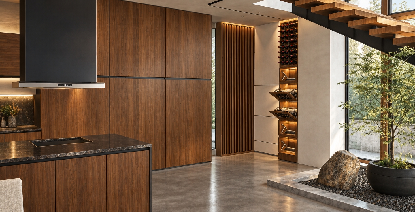 An incredibly lifelike, richly detailed, photorealistic interior shot of a sophisticated contemporary kitchen set in an airy, open-plan residence. The scene is illuminated by soft, natural light filtering through expansive glass, creating a serene and warm atmosphere. Captured with a 35mm wide-angle lens, emphasizing the rich, vertical grain of the walnut cabinetry and the cool, polished texture of the seamless concrete flooring.

The kitchen exudes contemporary elegance, defined by a floor-to-ceiling wooden storage wall that contrasts beautifully with a minimalist black range hood and a sleek, dark granite-topped island. To the side, an integrated floor-to-ceiling wine display features custom wood shelving with precise, backlit glass racks, standing adjacent to an indoor Zen garden complete with a weathered river stone and a delicate sculptural tree. Overhead, the edge of an architectural floating staircase adds a sense of verticality and rhythm. The composition creates a harmonious balance between organic wood tones, raw industrial finishes, and refined modern lines, with subtle reflections playing off the polished surfaces to provide a deep, immersive sense of space and luxury.