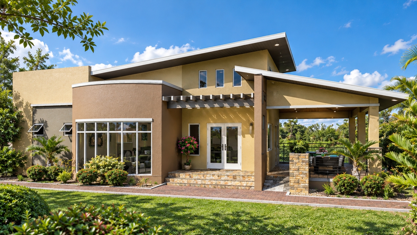 A professional architectural photograph of the modern residence under bright, direct summer midday sunlight, preserving the exact geometry and composition. The overhead sun casts crisp, defined shadows across the authentic textured stucco walls, paved brick walkway, and stone-clad column. The windows display realistic reflections and natural interior transparency, while the surrounding lawn and foliage have lifelike organic texture and rich green tones. Shot with a sharp architectural lens featuring balanced high-noon exposure, natural contrast, and authentic daylight color temperature.