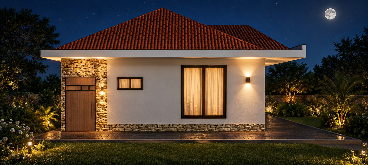An incredibly lifelike, richly detailed, photorealistic wide-angle architectural exterior shot of a modern-fusion bungalow set in a lush, moonlit garden at night. The scene is illuminated by warm, inviting amber outdoor sconces and the soft, ambient glow of internal lighting filtering through elegant, semi-sheer linen curtains in the windows, creating a serene and sophisticated atmosphere. Captured with a 35mm lens on a full-frame sensor, emphasizing the textural contrast between the rugged, hand-laid limestone masonry and the smooth, crisp white stucco facade. The deep, rich hues of the traditional terracotta roof tiles are highlighted by the gentle wash of exterior lighting, while the dark, paved driveway reflects the subtle evening light. The composition is balanced and tranquil, with the interior glow suggesting a cozy, contemporary living space, perfectly nestled into a tranquil landscape under a clear, star-dusted night sky.