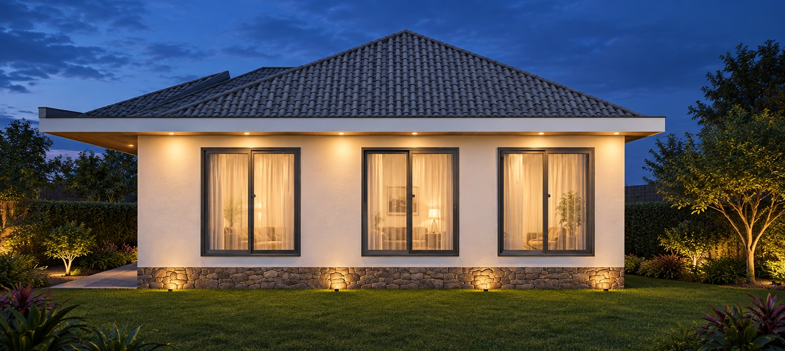 An incredibly lifelike, richly detailed, photorealistic eye-level exterior shot of a modern fusion bungalow set in a tranquil, manicured residential garden at twilight. The scene is illuminated by soft, warm ambient lights emanating from the interior through sheer, elegant curtains, and complemented by subtle, recessed downlights tucked under the deep eaves of the roof, creating an inviting and serene atmosphere. Captured with a 35mm lens, emphasizing the sharp contrast between the sleek, slate-grey terracotta roof tiles and the crisp, clean white stucco walls, grounded by a rugged, natural stone foundation plinth. The windows, aglow with a gentle interior luminescence, reveal glimpses of a contemporary living room, while the cool blue tones of the dusk sky provide a perfect backdrop for the warm, golden glow of the home’s exterior lighting. The composition is balanced and symmetrical, highlighting the clean, modern lines of the structure as it sits nestled in a lush, landscaped setting, with the light casting soft, inviting shadows across the perimeter of the house.