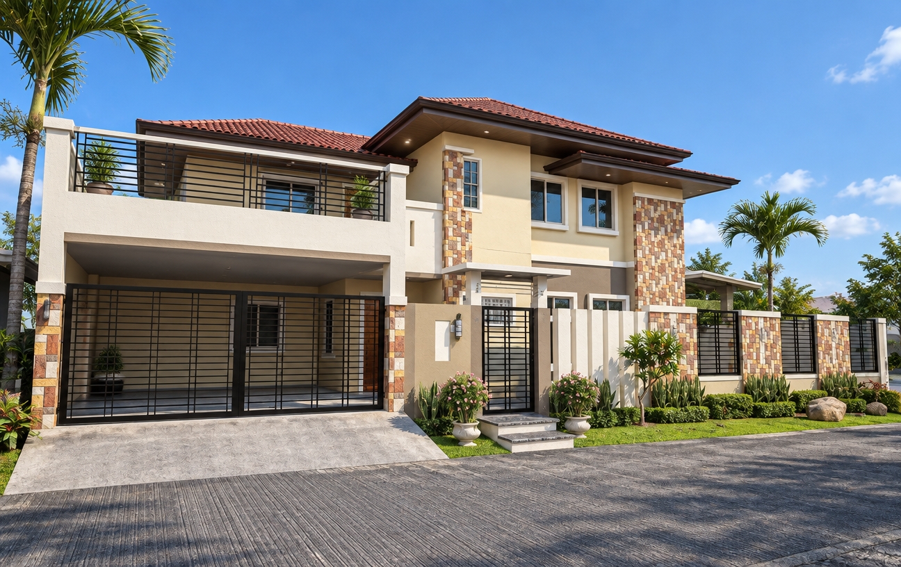 A crisp architectural photograph of the modern two-story house under bright midday sun, casting sharp downward shadows beneath the eaves, balcony, and metal gates. The structure exhibits authentic surface textures, from matte exterior stucco and textured stone-cladding to realistic roof tiles, concrete, and textured asphalt paving in the foreground. Natural reflections appear in the glass windows, while the surrounding palm trees and foliage show lifelike subsurface scattering and natural imperfections against a clear, realistic blue sky. Captured with a sharp tilt-shift lens, the shot displays balanced midday exposure, subtle lens vignetting, and clean, natural color tones.