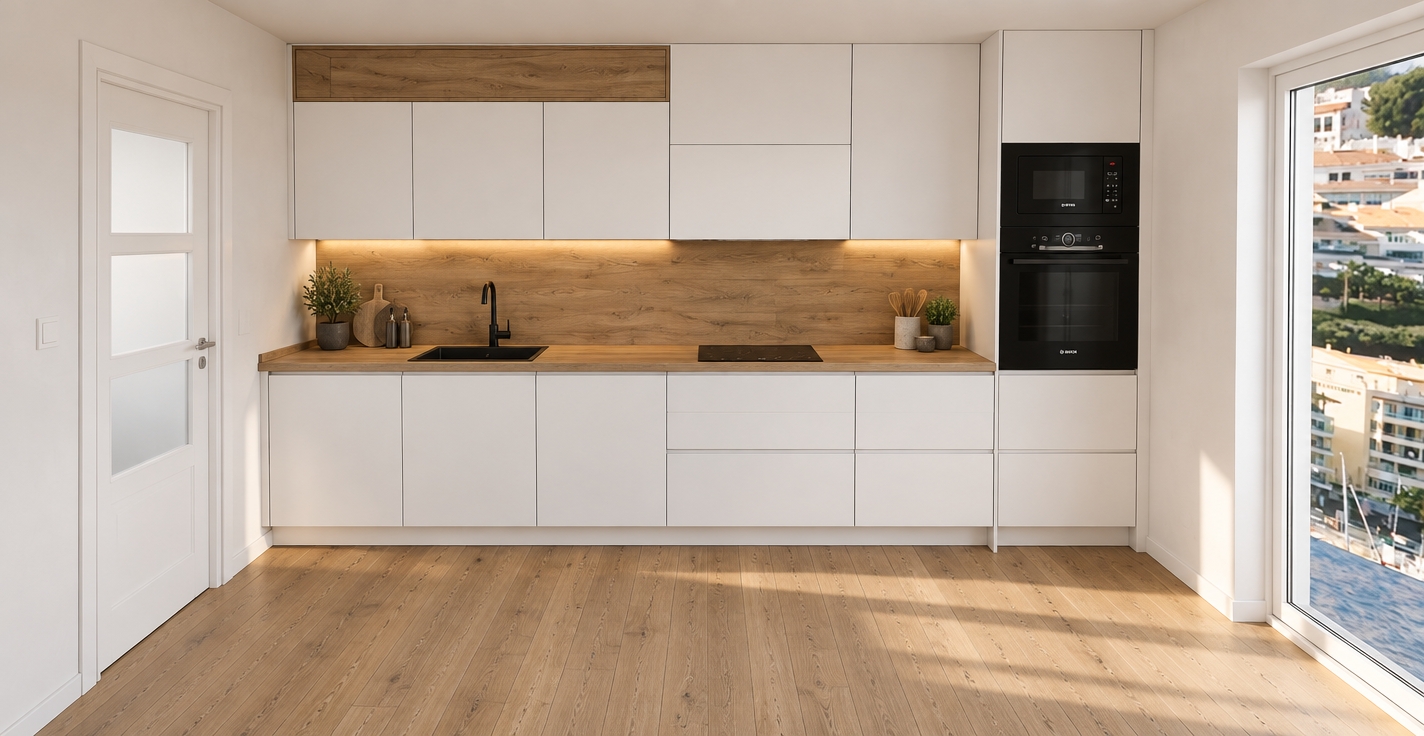 An eye-level interior photograph of the modern minimalist kitchen captured with a 24mm architectural lens, preserving the exact layout and geometry. Matte white handleless cabinetry contrasts with warm natural oak wood countertops, a matching wood backsplash, and realistic wood plank flooring. Natural daylight streams in from the open window frame on the right, blended with warm 3000K under-cabinet LED strip lighting that softly grazes the counter and black built-in appliances. Photorealistic details include delicate wood grain textures, subtle surface reflections on the glossy black oven and cooktop, faint shadows beneath the lower cabinets, and clean ambient light filling the room.