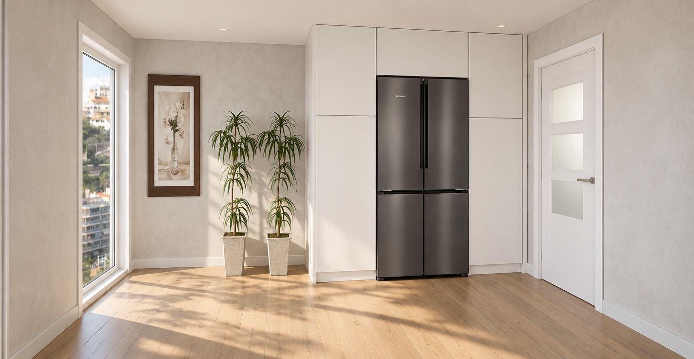 A wide-angle architectural photograph of this modern interior scene, realistically illuminated by natural daylight streaming through the left window. The tall handleless cabinetry is finished in a smooth matte white, framing a four-door refrigerator made of brushed dark stainless steel with subtle surface reflections. Natural directional light casts soft, lifelike shadows across the light-grained oak floorboards and subtle plaster-textured walls. The potted plants feature organic, vibrant green leaves in textured ceramic planters beside the framed artwork on the left wall, which displays delicate glass reflections. Captured with crisp architectural focus, neutral color balance, and realistic ambient bounce light, maintaining the exact spatial composition.