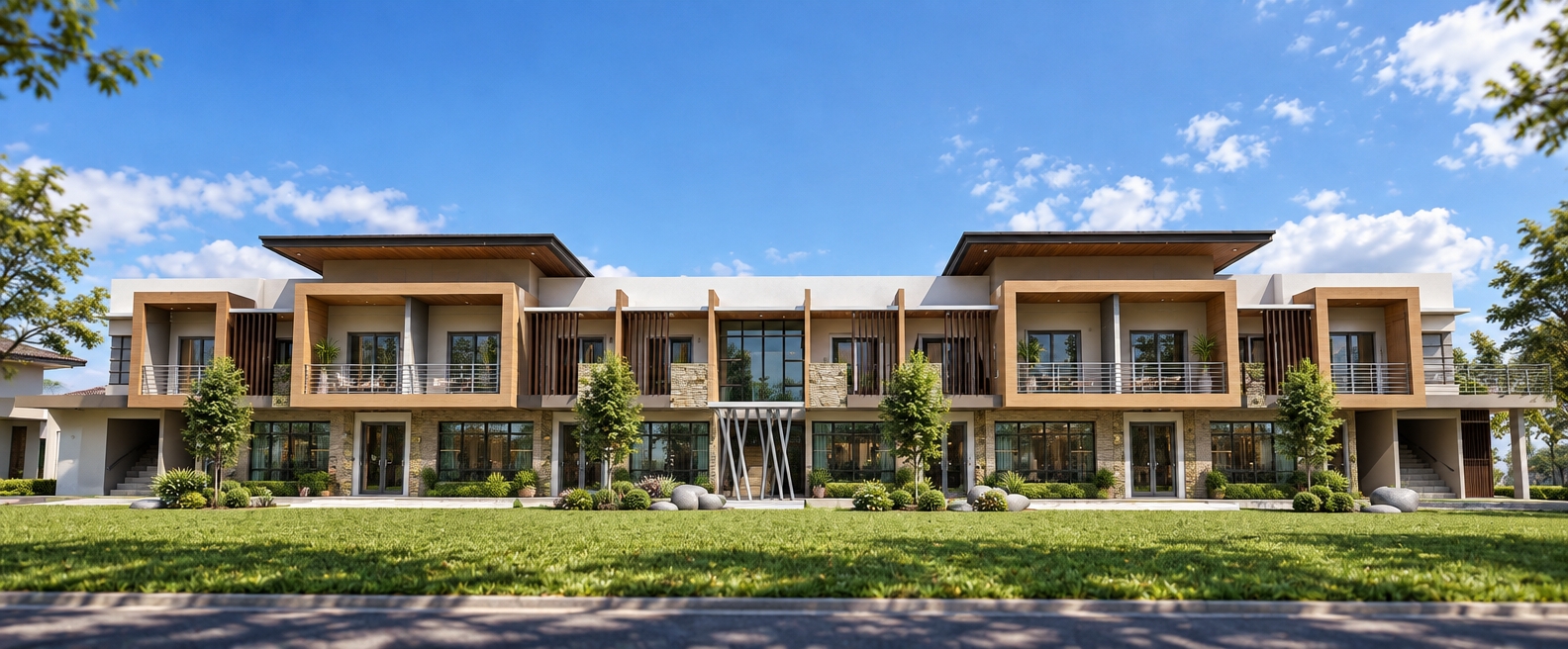 An architectural photograph captured with a tilt-shift lens under intense midday summer sunlight, casting crisp downward shadows beneath the eaves and cantilevered balconies. The original straight-on composition, layout, and building geometry remain unchanged, rendered with photorealistic matte plaster, natural timber slats, and textured stone accents. Glazing shows authentic environmental reflections and subtle interior depth, while the foreground lawn features varied, natural grass textures and realistic shrubbery. Lit by clear, high-contrast 5500K daylight under an authentic summer sky, the shot displays sharp edge definition, lifelike material physics, and subtle photographic depth.