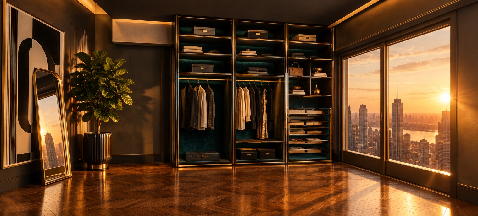 An incredibly lifelike, richly detailed, photorealistic interior shot of a sophisticated walk-in closet set in a luxurious high-rise apartment at sunset. The scene is illuminated by the warm, amber glow of the setting sun filtering through expansive floor-to-ceiling glass doors, creating a glamorous, high-contrast atmosphere. Captured with a 35mm lens, emphasizing the interplay of dark, polished lacquered surfaces and gleaming gilded accents.

The closet structure, reimagined with Art Deco flair, features custom shelving in deep obsidian tones, offset by vibrant jewel-toned velvet linings that catch the dying light. Symmetrical, streamlined geometric molding frames the wall, while decorative gold hardware adds an extravagant, ornamental finish. The herringbone wood floor is complemented by the reflection of a statement brass-framed mirror leaning against a graphic, monochrome wall-art piece. A lush, potted fiddle-leaf fig stands in the corner, its vibrant green leaves contrasting against the moody, chic palette of black and gold. Every surface appears impeccably polished, evoking the timeless, opulent aesthetic of a vintage photography book focused on the pinnacle of modern luxury design.