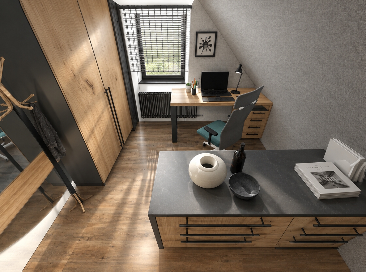 An incredibly lifelike, richly detailed, photorealistic wide-angle interior shot of a compact home office set in a modern apartment. The scene is illuminated by soft, diffused midday summer light filtering through the window, creating a serene, minimalist atmosphere. Captured with a 24mm wide-angle lens, emphasizing the clean lines and the harmonious interplay between natural oak wood grain and matte charcoal surfaces.

The design is a minimalist haven, featuring a streamlined floating desk and matching cabinetry that prioritize function without sacrificing elegance. The space is anchored by a monochromatic palette of crisp whites and deep grays, punctuated by subtle, calming pastel accents in the ergonomic task chair and a small, vibrant succulent perched near the laptop. The walls are adorned with sophisticated, abstract minimalist art and a curated photography book resting on the side table, reinforcing the Zen-inspired aesthetic. Clutter-free surfaces reflect the bright ambient light, while the warm, rustic texture of the wooden flooring grounds the room. Every element, from the sleek matte-black metal hardware to the precise placement of the decor, exudes a sense of orderly, functional beauty designed for deep focus and creative clarity.
