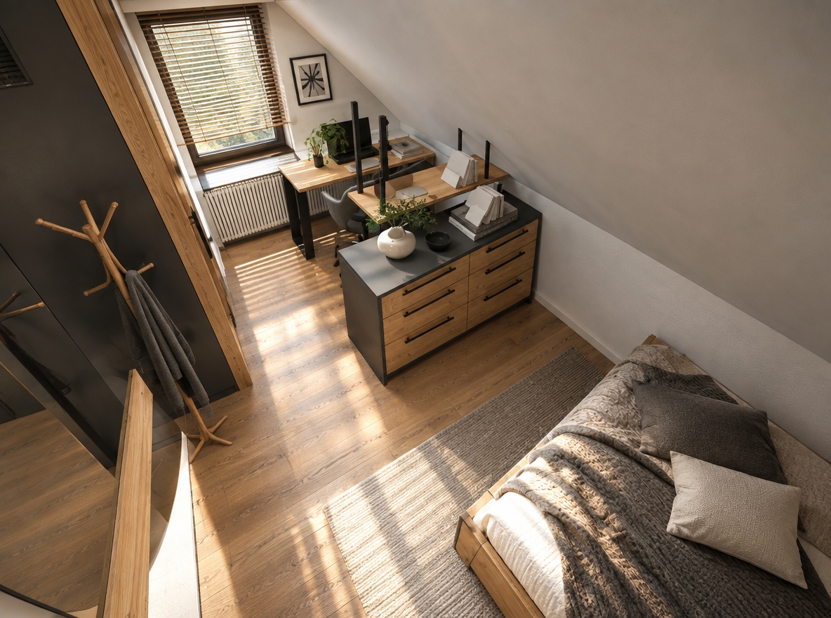 An incredibly lifelike, richly detailed, photorealistic high-angle interior shot of a minimalist home office and bedroom sanctuary set in a cozy, sun-drenched attic apartment. The scene is illuminated by soft, diffused morning light filtering through the window blinds, creating a serene, Zen-inspired atmosphere. Captured with a 35mm wide-angle lens, emphasizing the fine grain of the warm oak flooring and the sleek, matte-finish textures of the graphite cabinetry.

The space is a masterclass in functional elegance, where a streamlined wooden workstation sits perfectly positioned beneath the sloped ceiling. The desk is kept pristine, accented only by a curated selection of photography books and a small, vibrant indoor plant that introduces a touch of organic life. On the adjacent wall, sophisticated abstract art adds a subtle layer of texture, complementing the clean, monochromatic palette of whites and soft grays. The transition between the workspace and the sleeping area is seamless, anchored by a contemporary dresser that serves as both storage and a display for minimalist decor, while the plush, uniquely textured bedding adds a tactile richness to the room. The composition highlights a clutter-free, harmonious layout that balances modern industrial elements with the warmth of natural wood, evoking a sense of calm, productive tranquility.